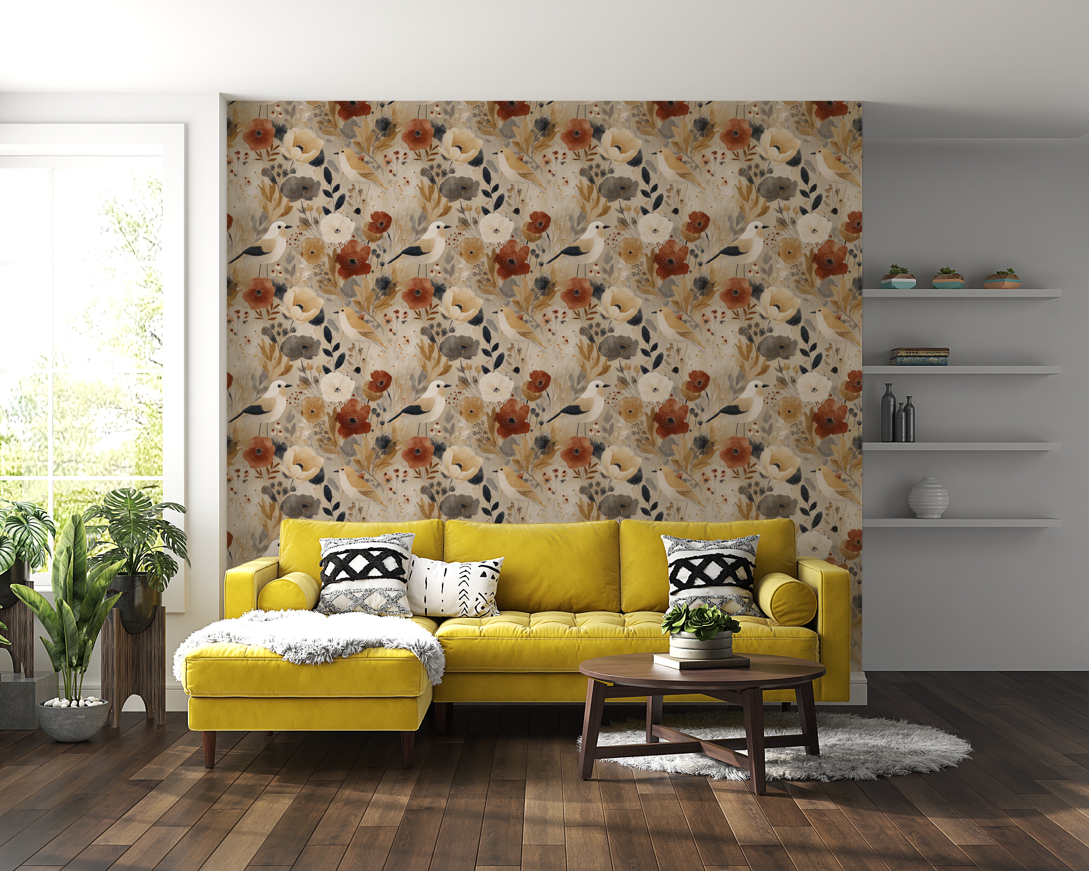 Rustic floral wall mural with cream and navy accents