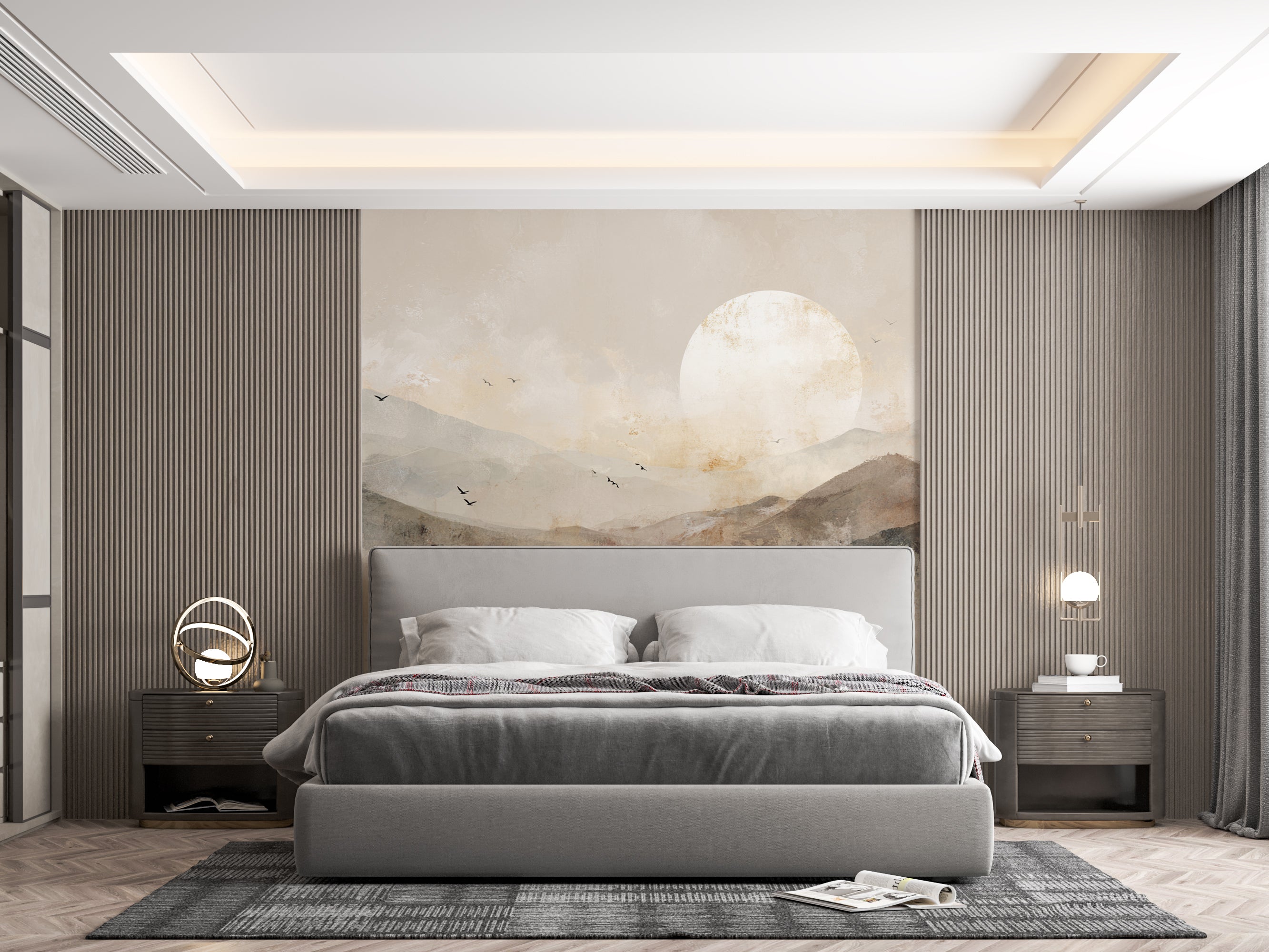 Neutral beige Japandi style mural for modern living rooms