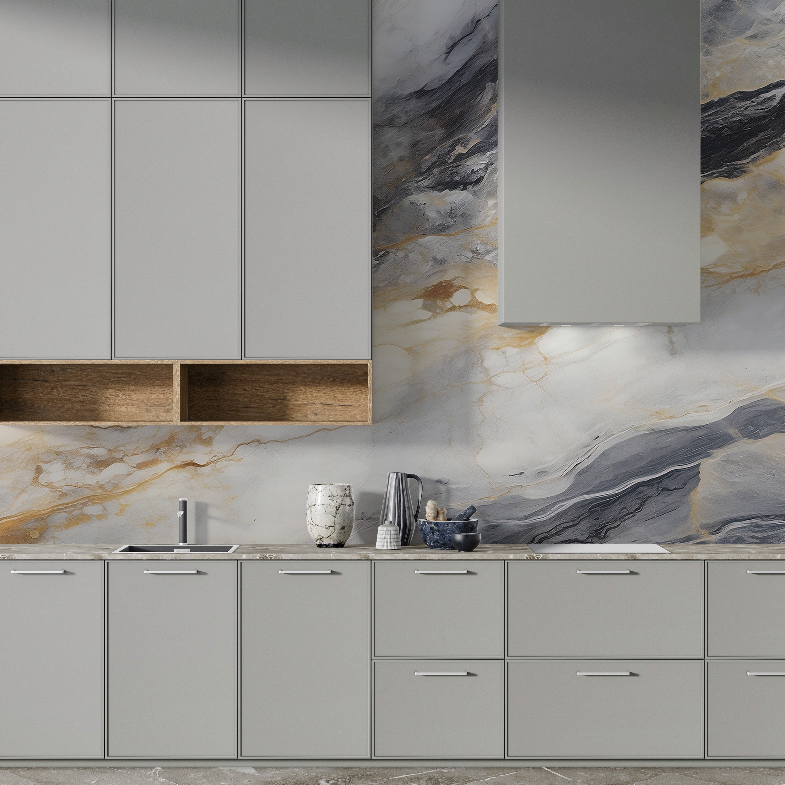 Timeless Grey Black and Brown Marble Design Mural in Contemporary Home
