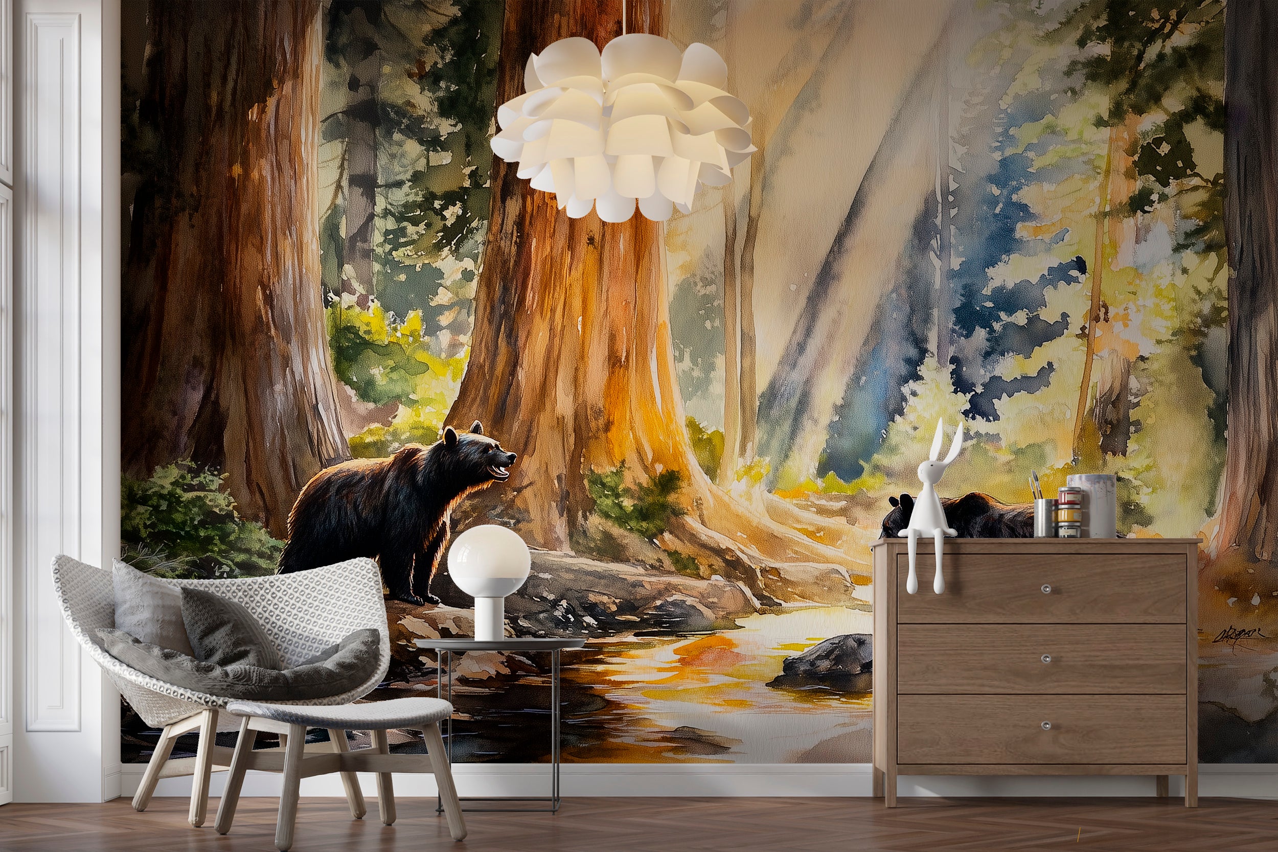 Black Bear and a Cub Mural, Peel and Stick Yosemite Park Wallpaper, Watercolor Woodland Life Mural, California Nature