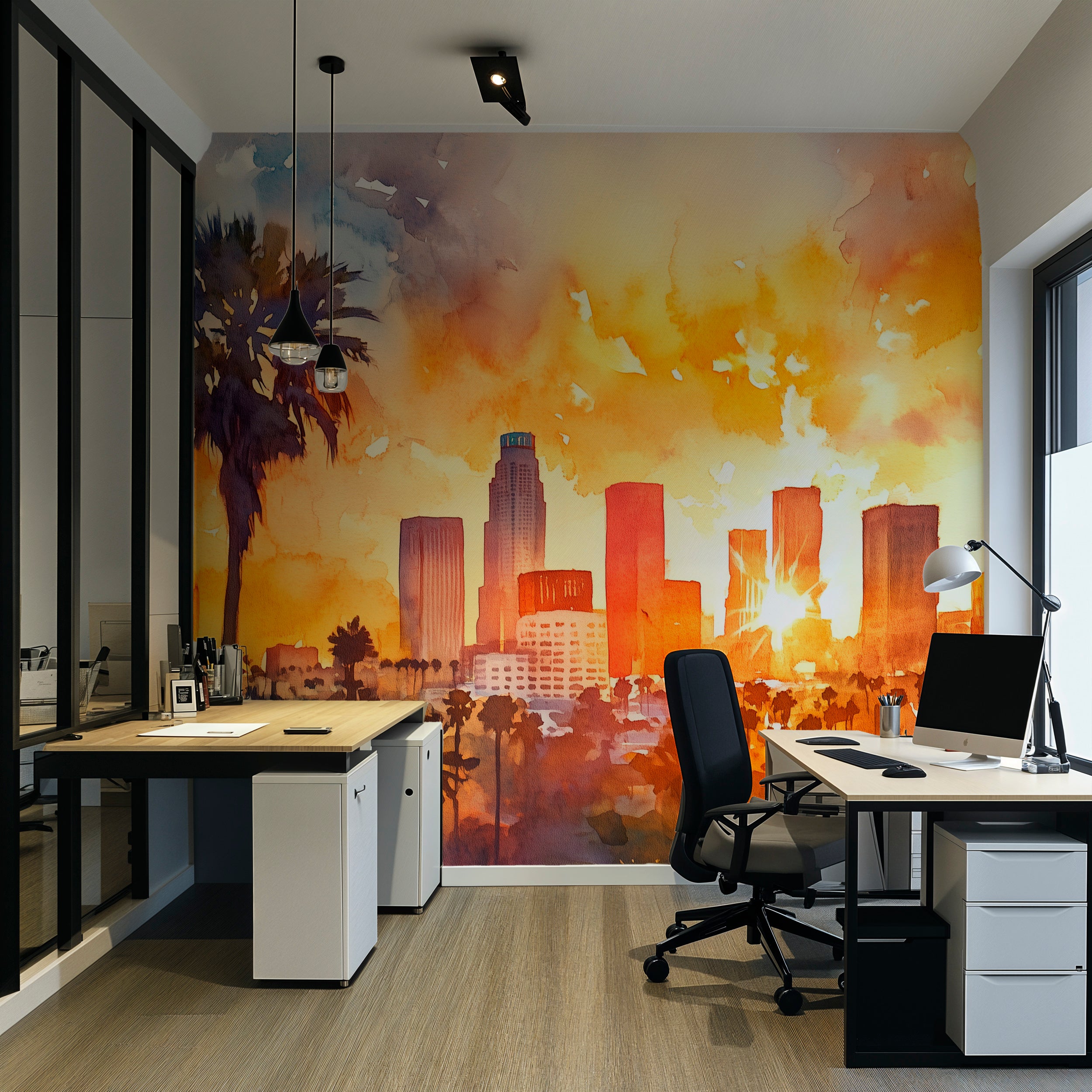 Los Angeles Sunset Mural, Peel and Stick Watercolor City Wallpaper, Los Angeles Downtown Art, California Iconic View Wall Decor
