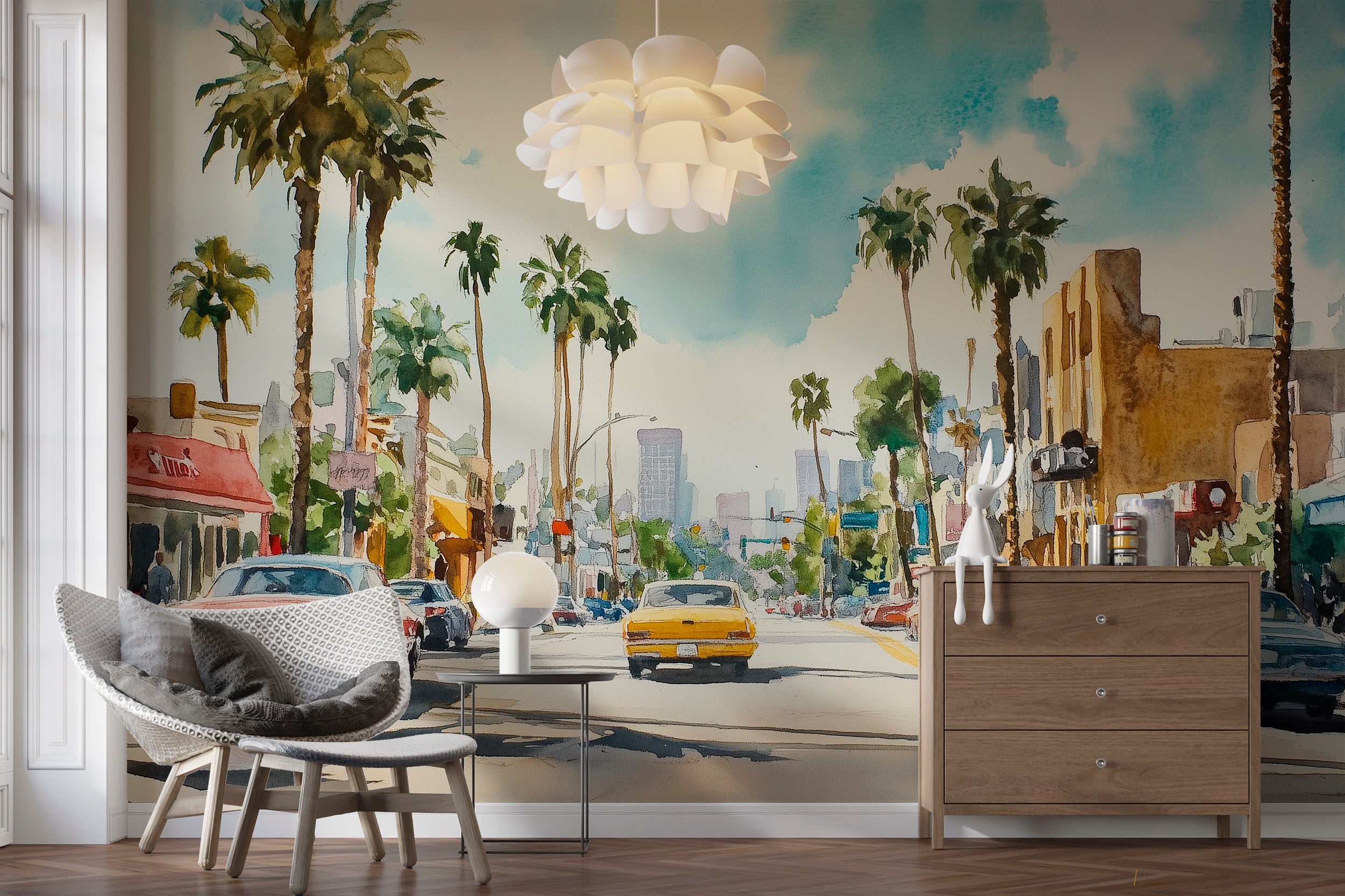 Los Angeles 60th Wallpaper, Peel and Stick Retro Cars in California, Watercolor Los Angeles Street Old Photo Wallpaper