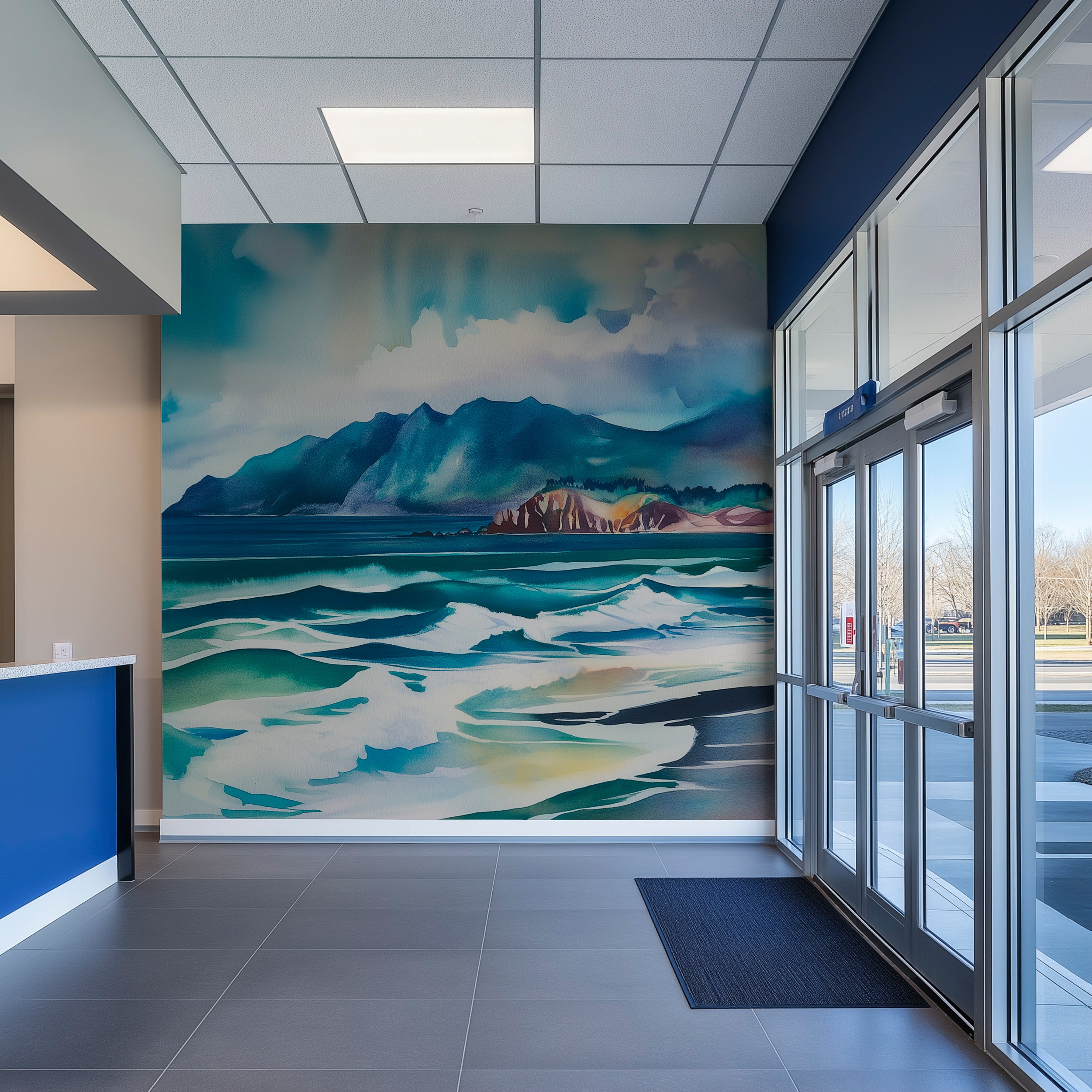 Colorful Beach Wallpaper, Peel and Stick California Coastal Mural, Removable Ocean Wall Art, Watercolor Beach and Mountains Decor