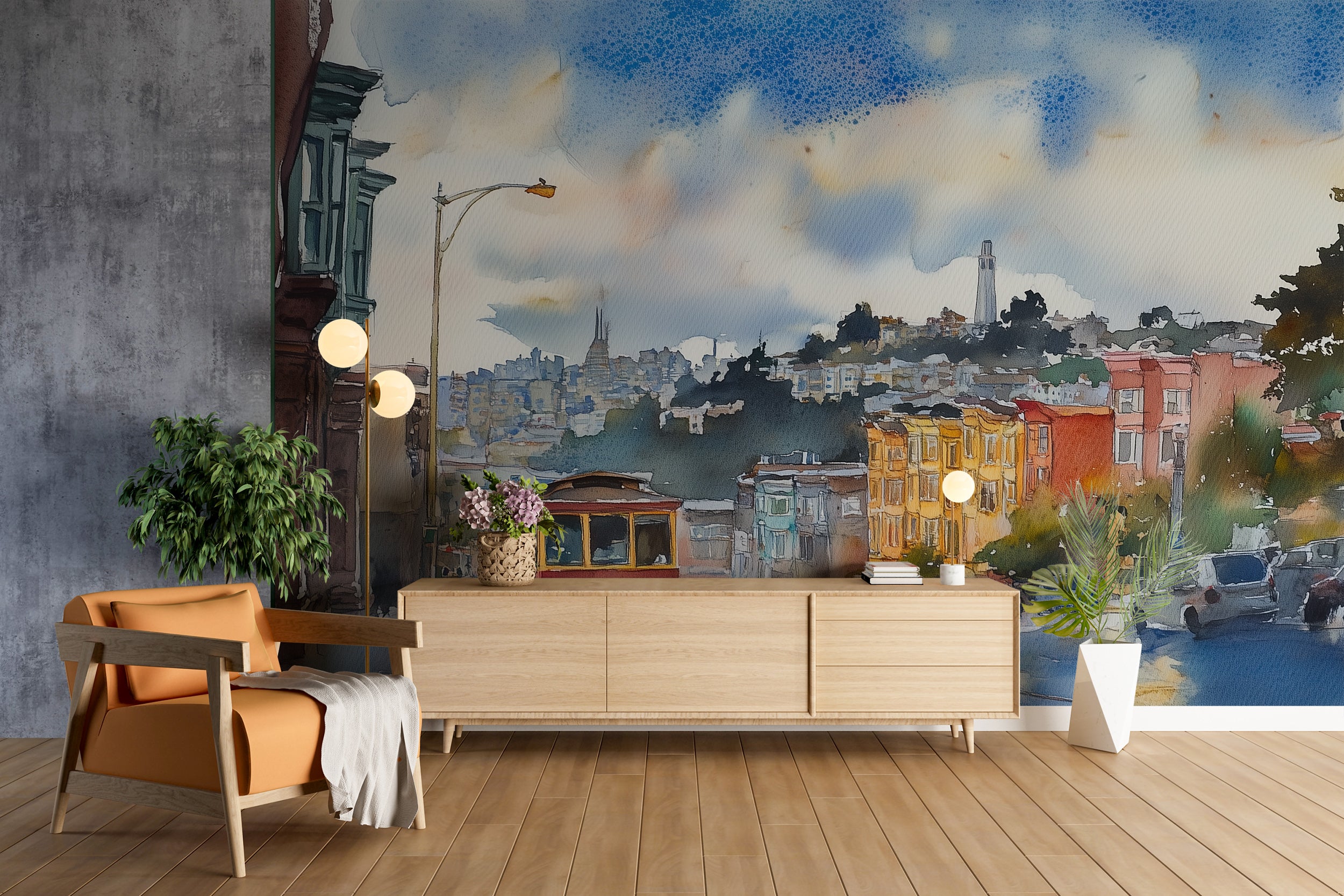San Francisco Iconic View Mural, Peel and Stick City Landscape Wallpaper, Watercolor Colorful Tram in San Francisco Decor