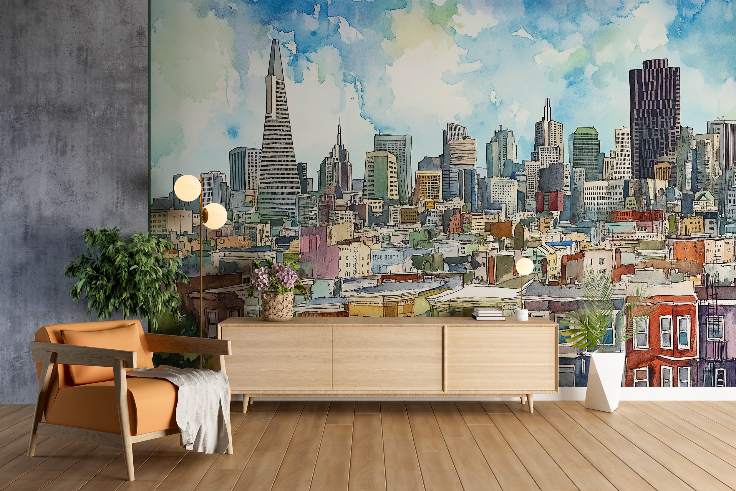 San Francisco Colorful Houses Wall Mural, Peel and Stick California Wallpaper, Watercolor San Francisco Downtown Mural