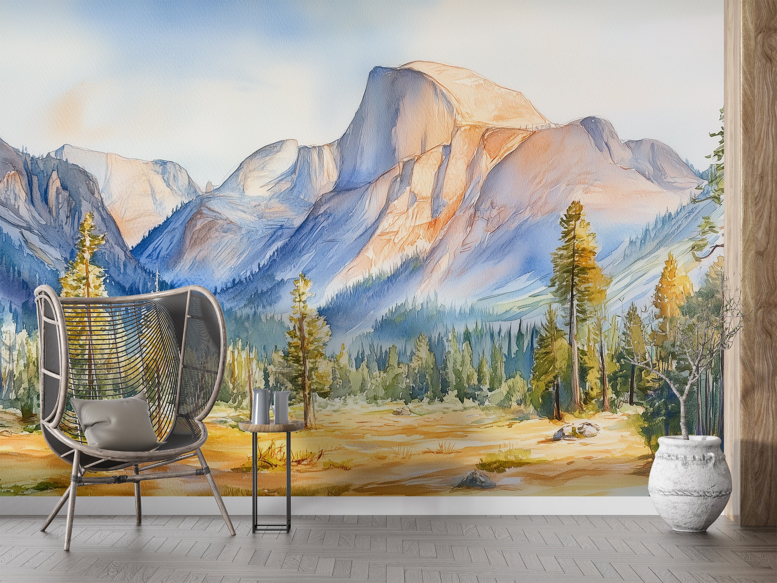 Yosemite Park Wall Mural, Peel and Stick California Rock Mountains Wallpaper, Watercolor National Part Pine Forest Decor