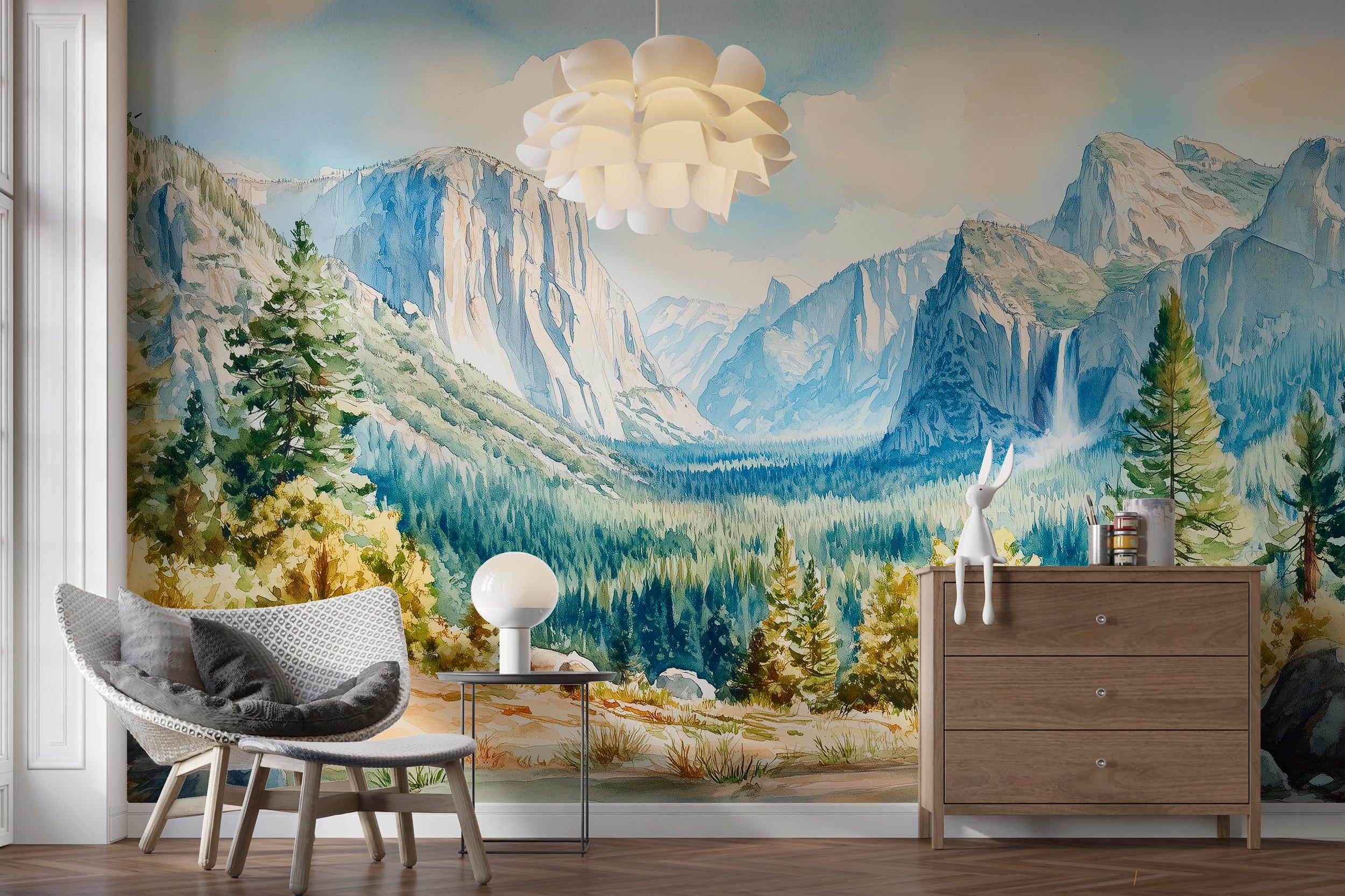 Watercolor Mountain Valley Mural, Peel and Stick National Park Wallpaper, Removable Yosemite Park Scenic Wall Decor