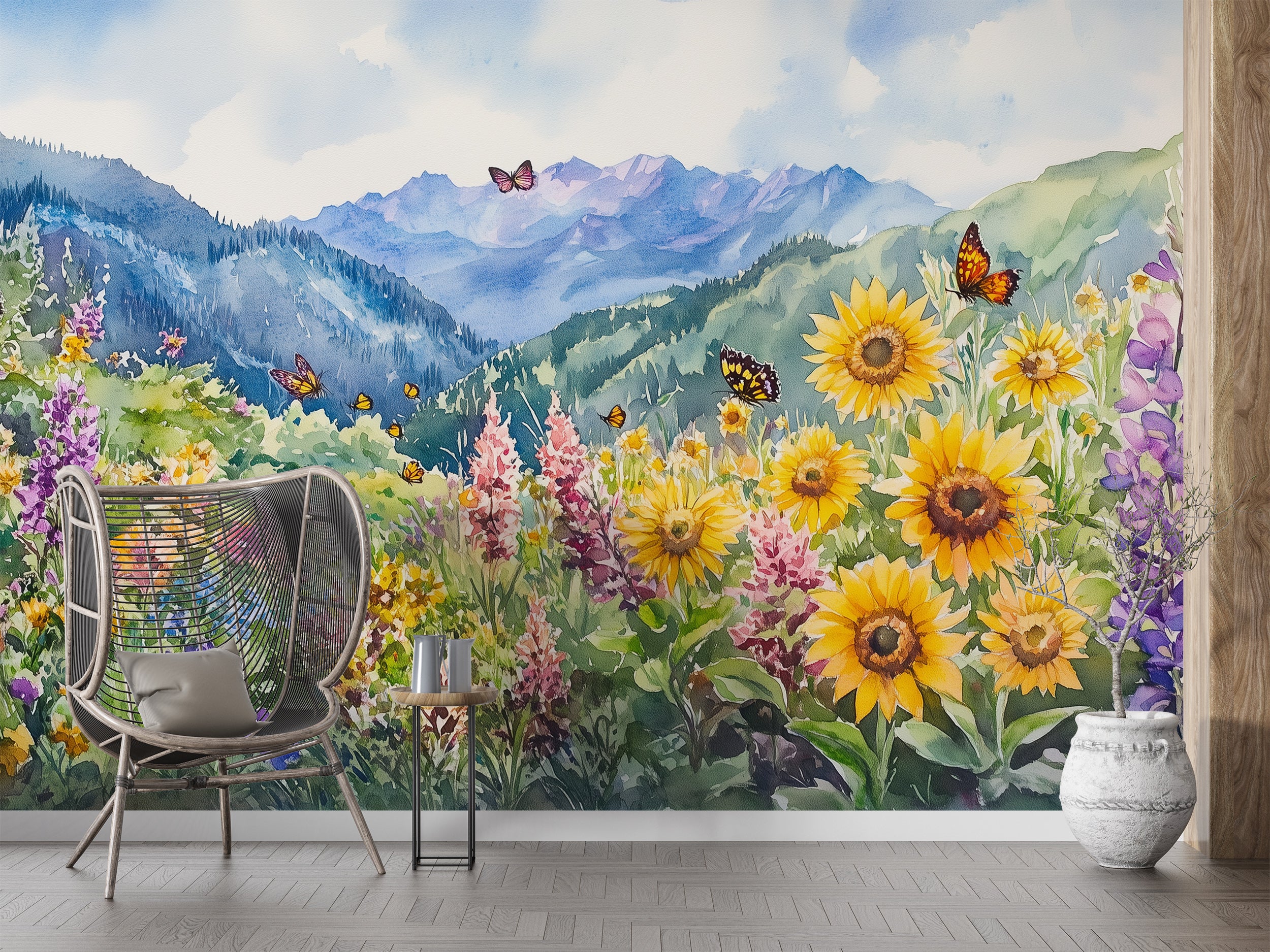 Wildflower Meadow Wallpaper, Peel and Stick Colorful Floral Mural, Watercolor Colorado Mountain Flower Field Art