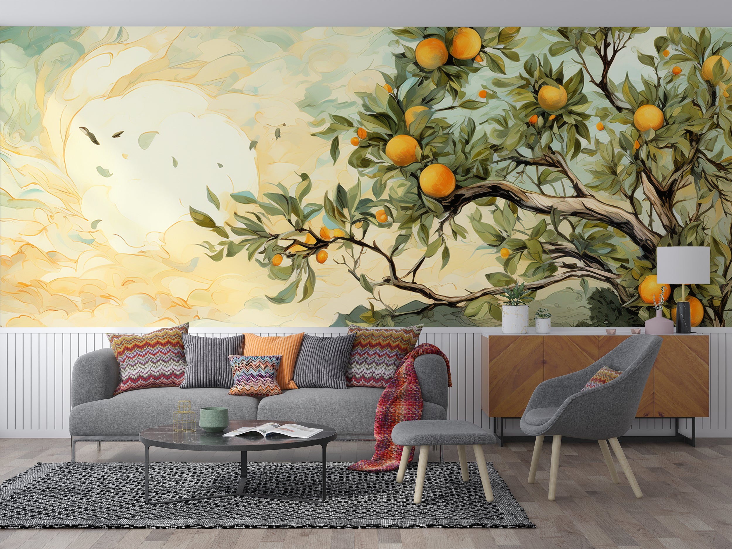 Bright Orange and Green Landscape Art