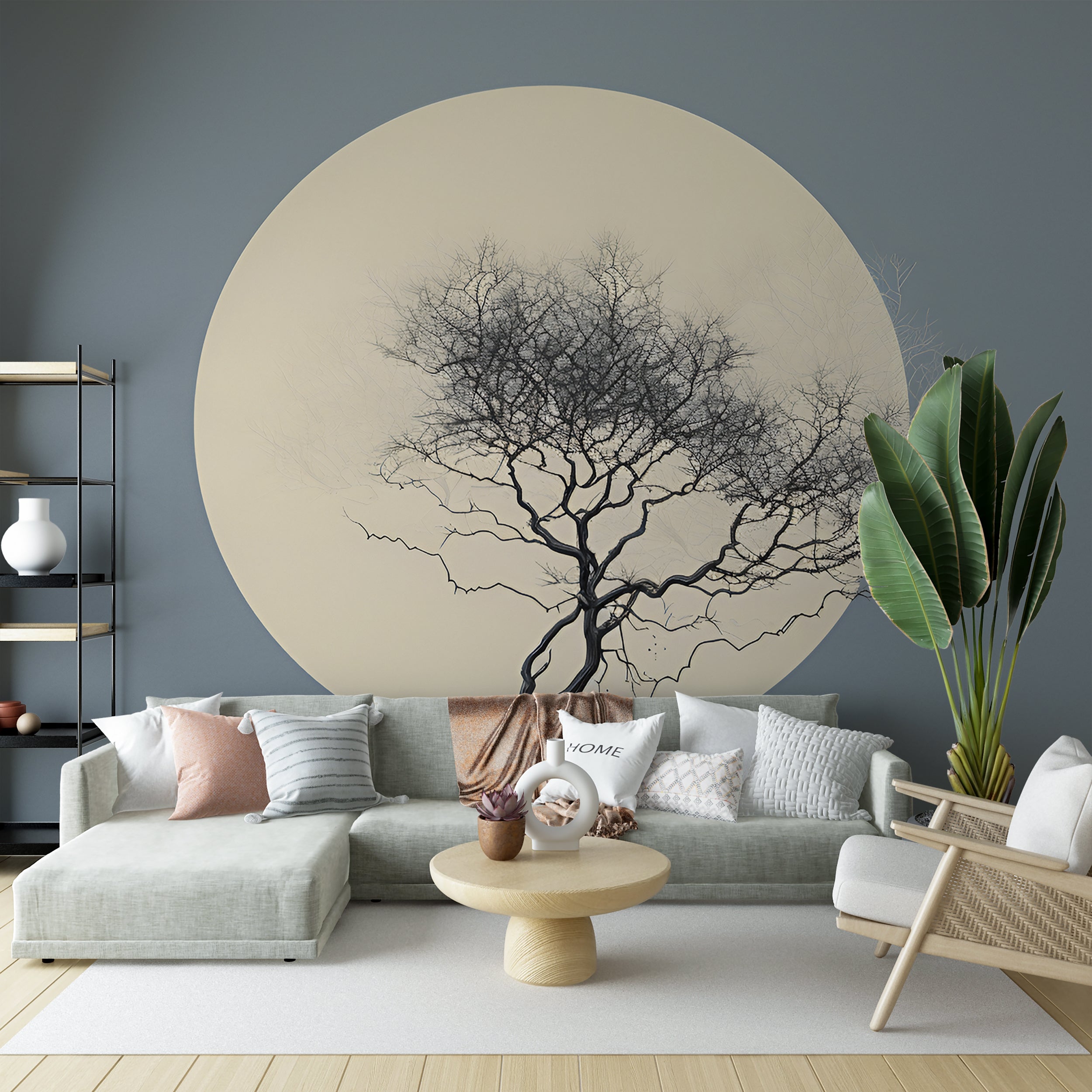 Japanese Floral Wallpaper Blue and Beige