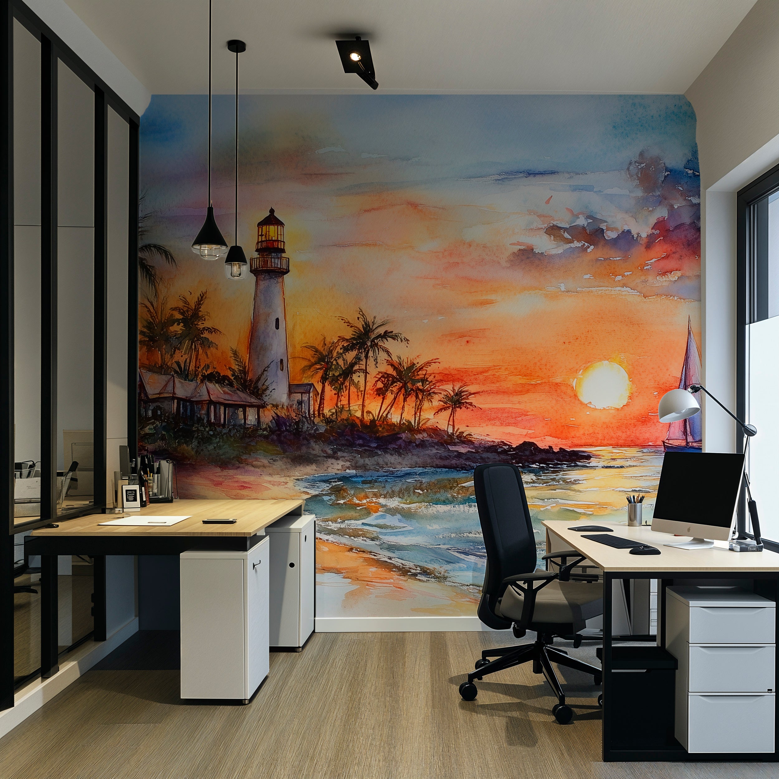 Florida Beach Lighthouse Wall Mural, Peel and Stick White Sailboat Wallpaper, Colorful Coastal Mural, Watercolor Ocean Sunset Art