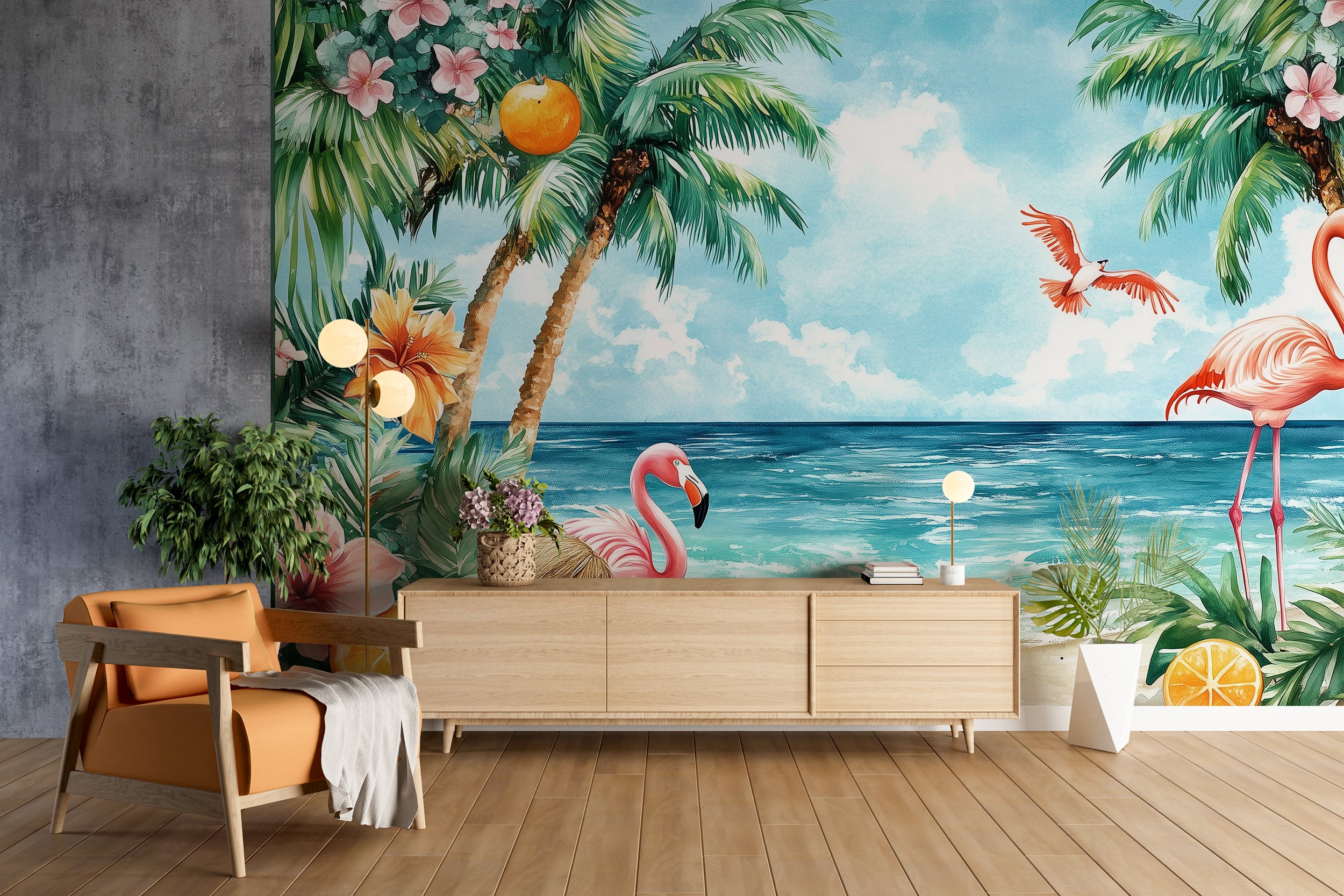 Dreamy Tropical Beach Mural, Peel and Stick Flamingos and Palm Trees Wallpaper, Ocean Calm Beach Colorful Wall Decor