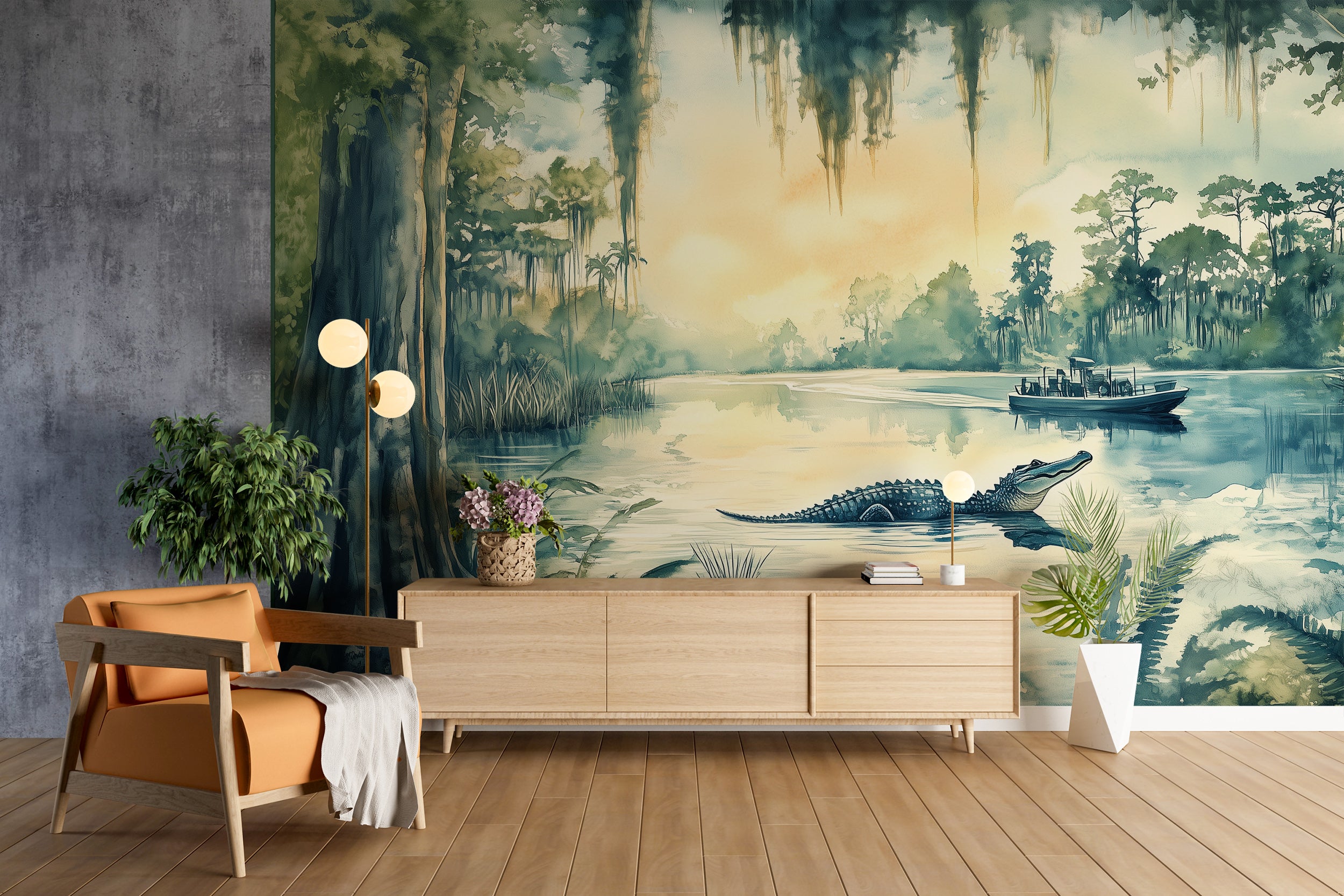 Vintage Scenic River Wall Mural, Peel and Stick Alligators in Wild Nature Wallpaper, Florida Jungle River Wall Mural