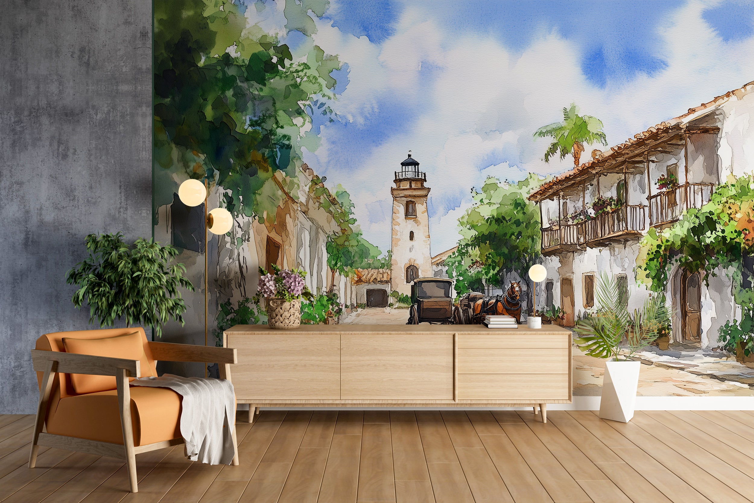 Old Town in Florida Wall Mural, Peel and Stick Watercolor Lighthouse Wallpaper, Vintage Accent Wall Art