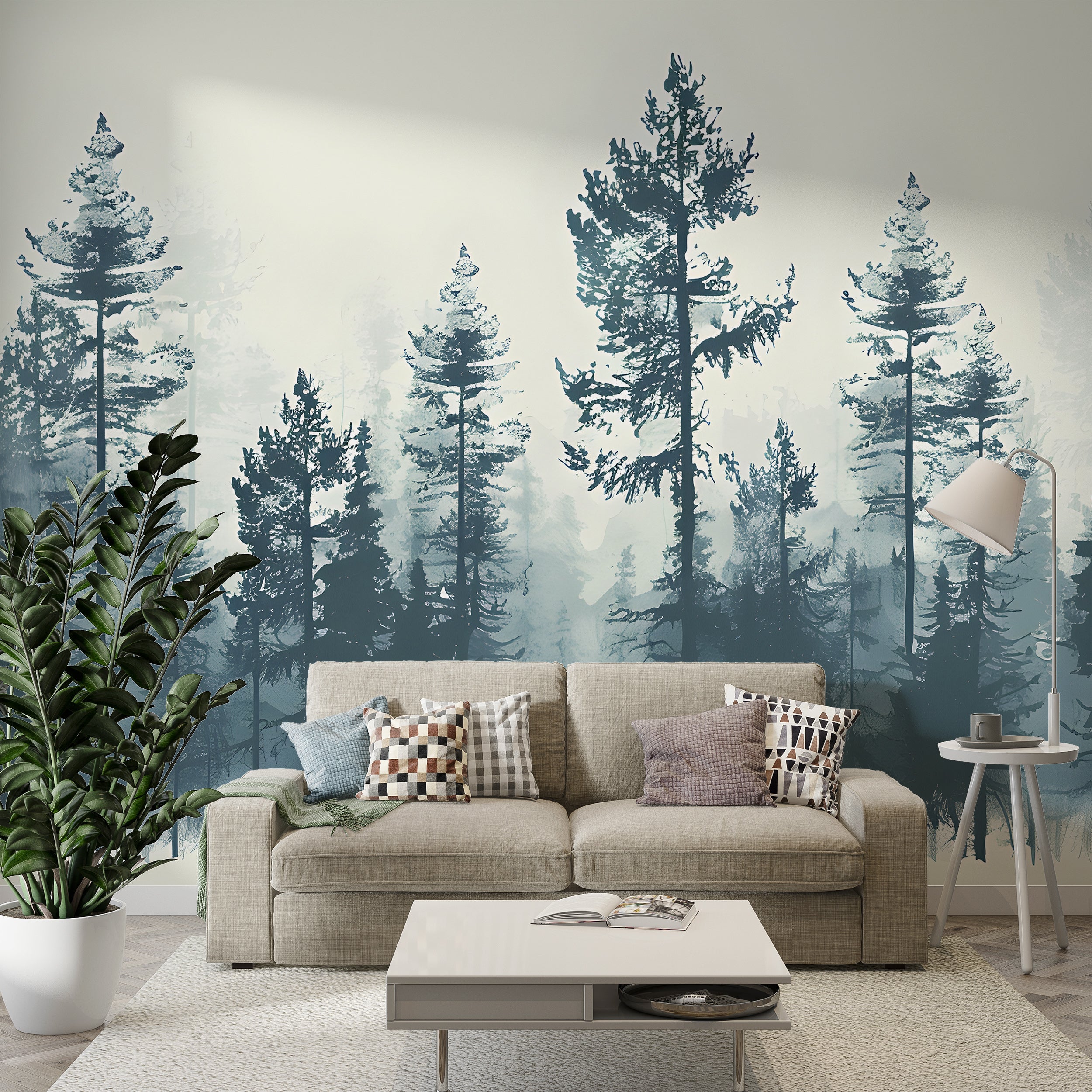Watercolor Pine Tree Forest Wallpaper, Peel and Stick Nature Mural, Green and Beige Vintage Forest, Classic Seamless Wallpaper