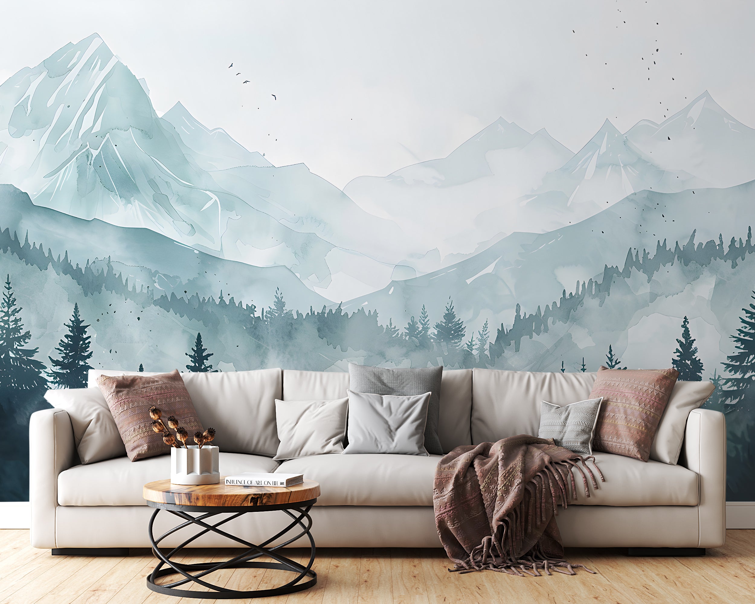Mountain and Forest Landscape Mural, Watercolor Mountains Wallpaper, Peel and Stick Pine Forest Wall Decal, Nursery Blue Mountain Mural