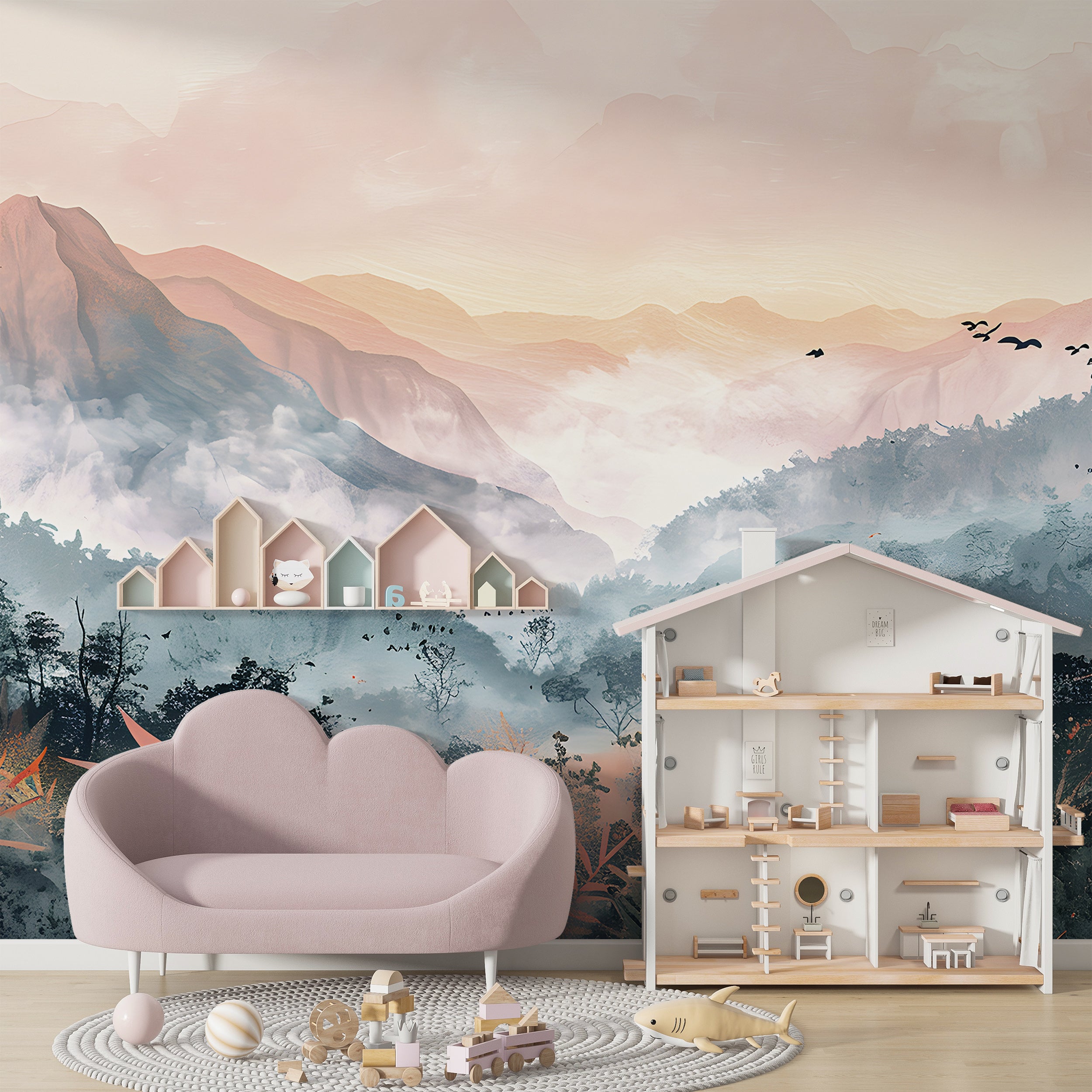 Colorful Jungle Forest Mural, Mountains in the Forest Wallpaper, Peel and Stick Colorful Mountain, Wild Nature Wall Decal, Nursery PVC free