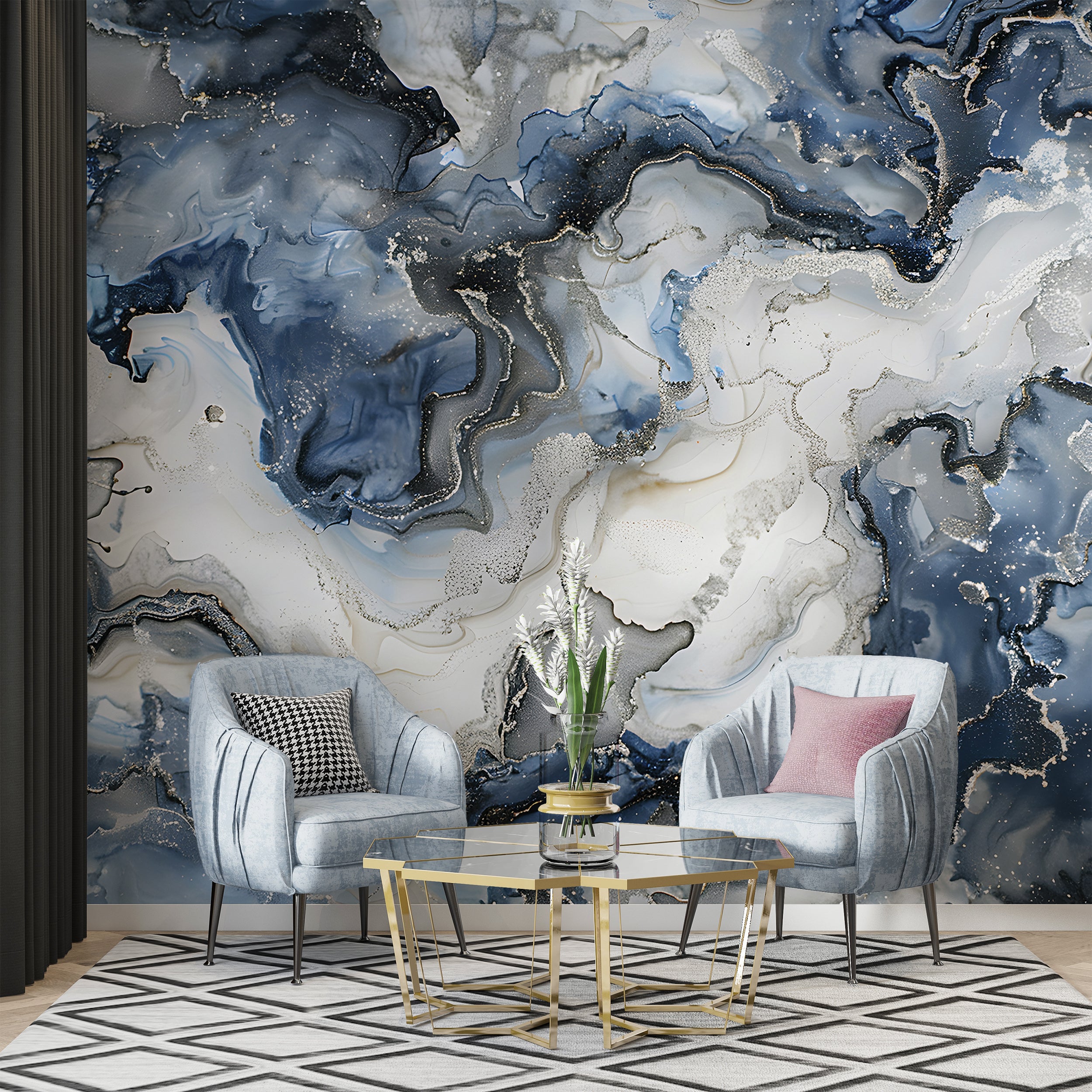 Blue and White Marble Wallpaper, Alcohol ink wall mural, Abstract Peel and Stick Stone Wallpaper, Blue & Silver Removable Modern Art