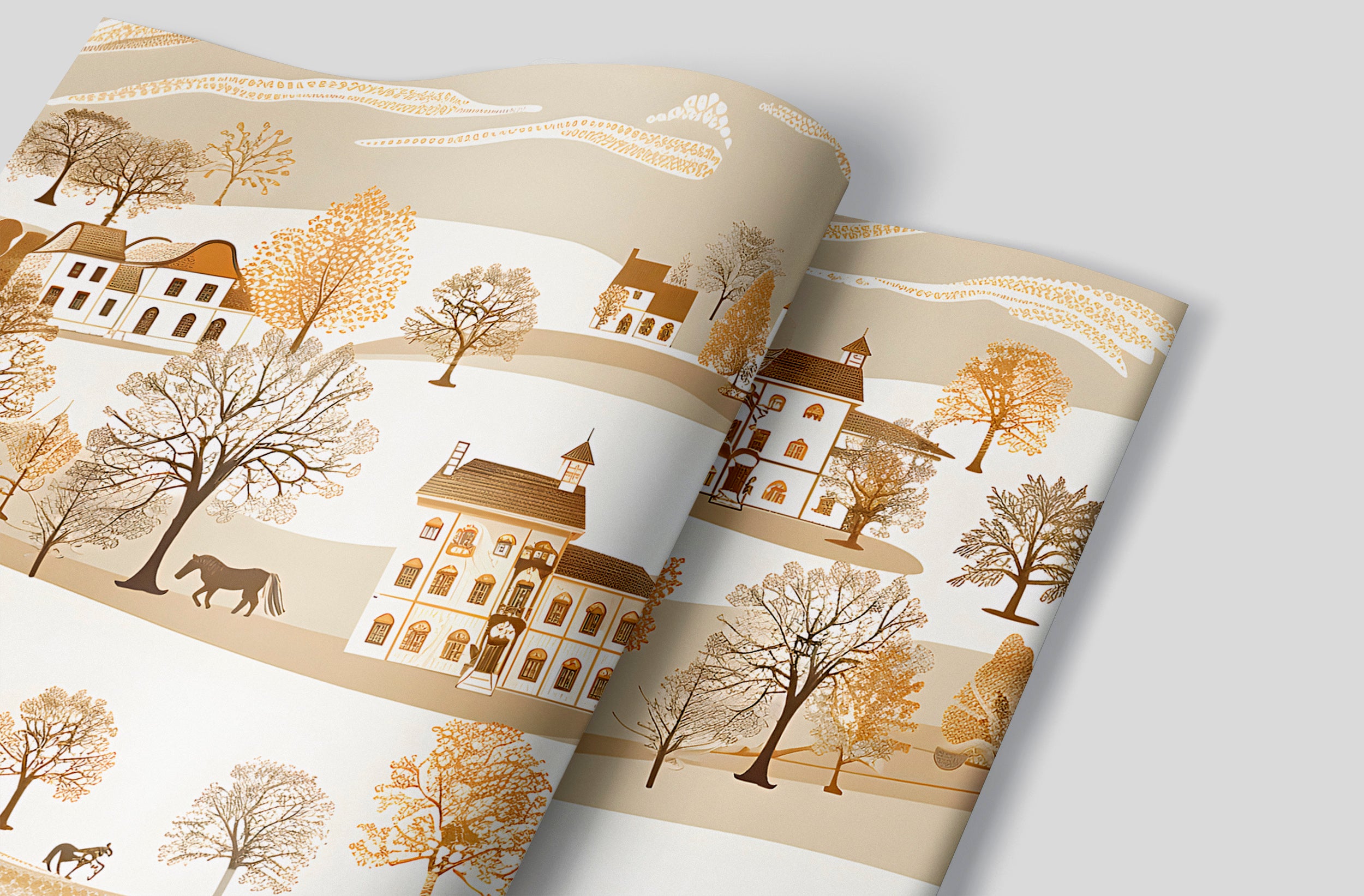 Beige Landscape with Houses and Trees Wallpaper, Seamless Horizontal Pattern Mural, Watercolor Classic Wall Art, Peel and Stick Traditional Village Mural