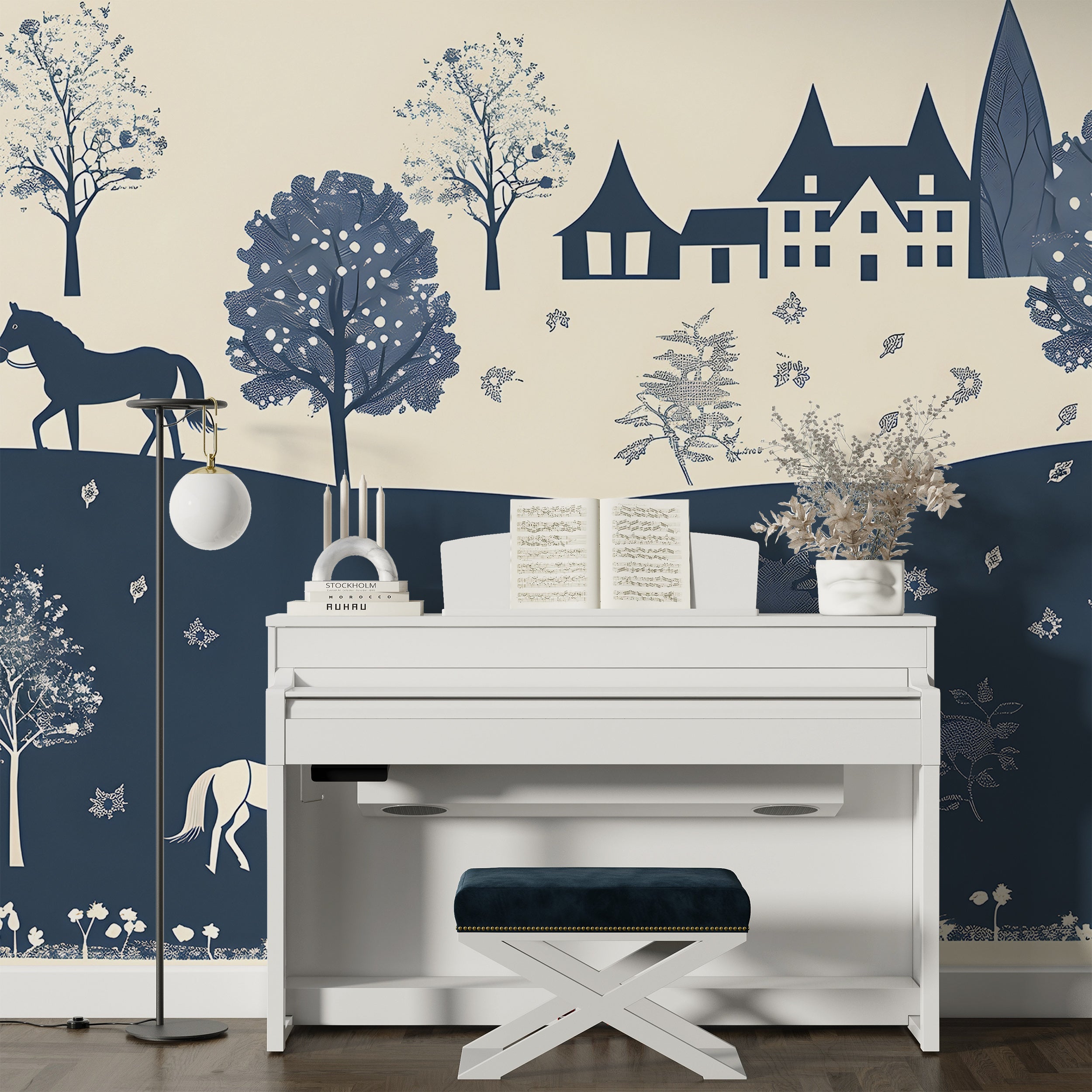 Blue and Beige Traditional Wallpaper, Watercolor Old Town Landscape Mural, Horizontal Seamless Pattern Classic Wallpaper, Peel and Stick House and Horses