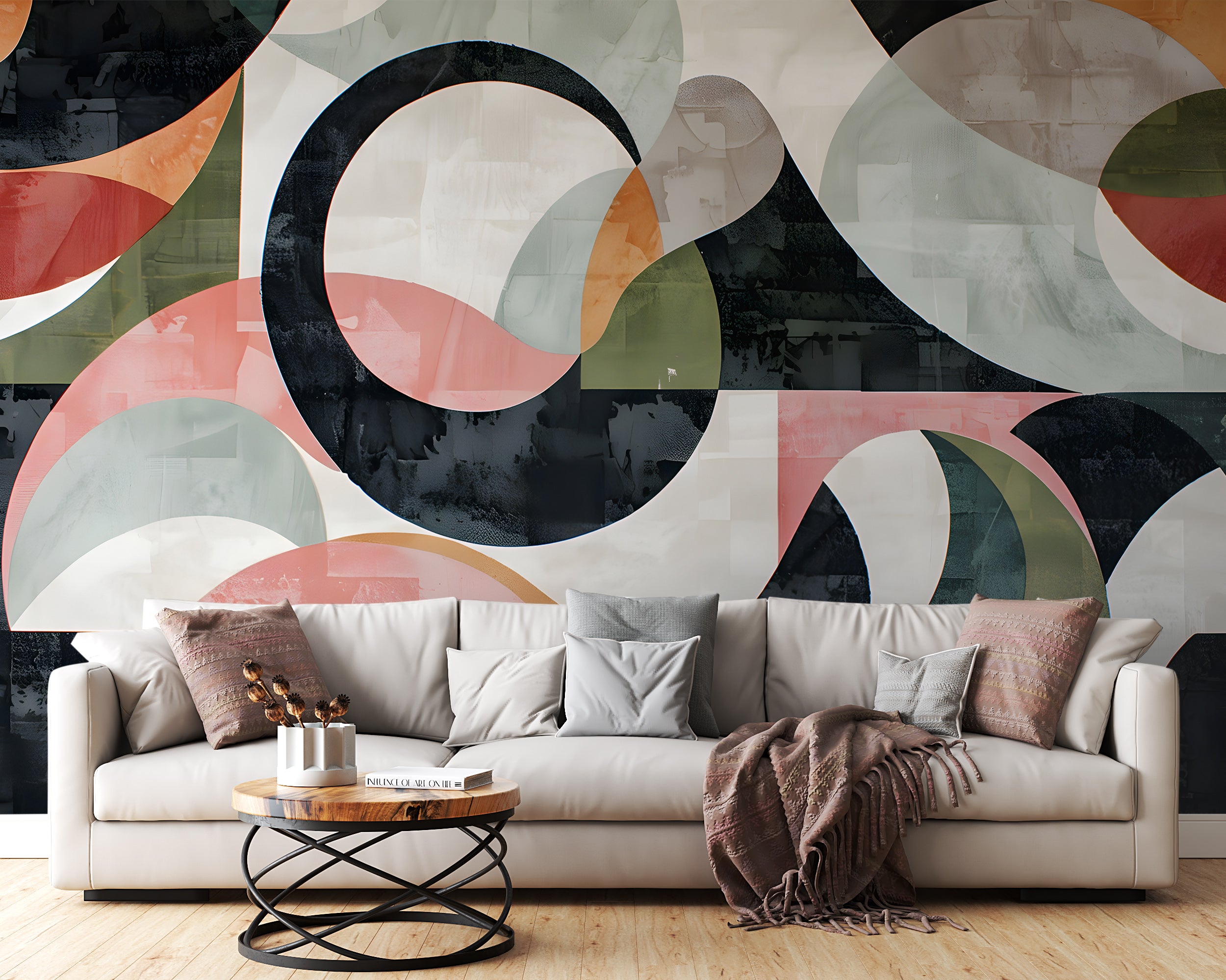 Abstract Geometric Mural, Art Deco Wallpaper, Peel and Sick Modern Mural, Colorful Watercolor Removable Wall Decal