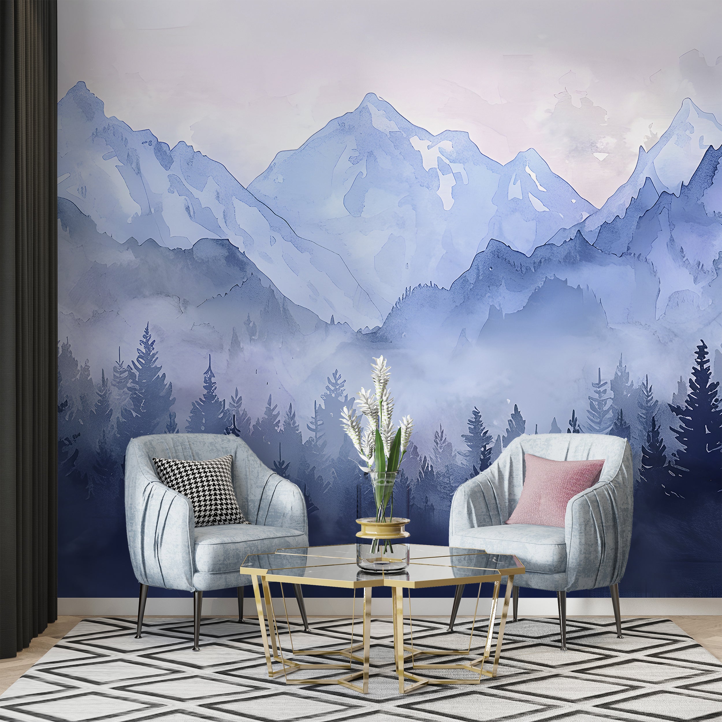 Watercolor Pastel Blue Mountains Mural, Forest and Mountain Landscape Wallpaper, Self-adhesive Removable Blue Nature Nursery Decal