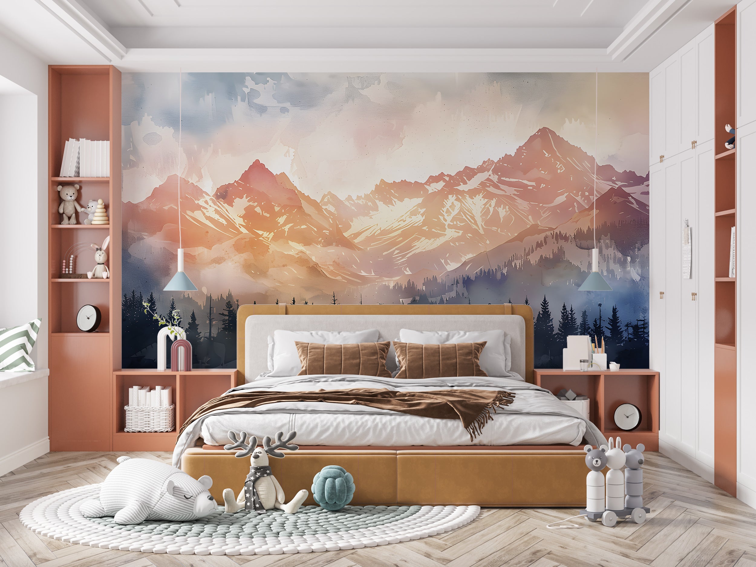 Watercolor Mountain Sunset Wallpaper, Colorful Mountains and Forest Mural, Peel and Stick Orange Landscape Nursery Decal, PVC-free