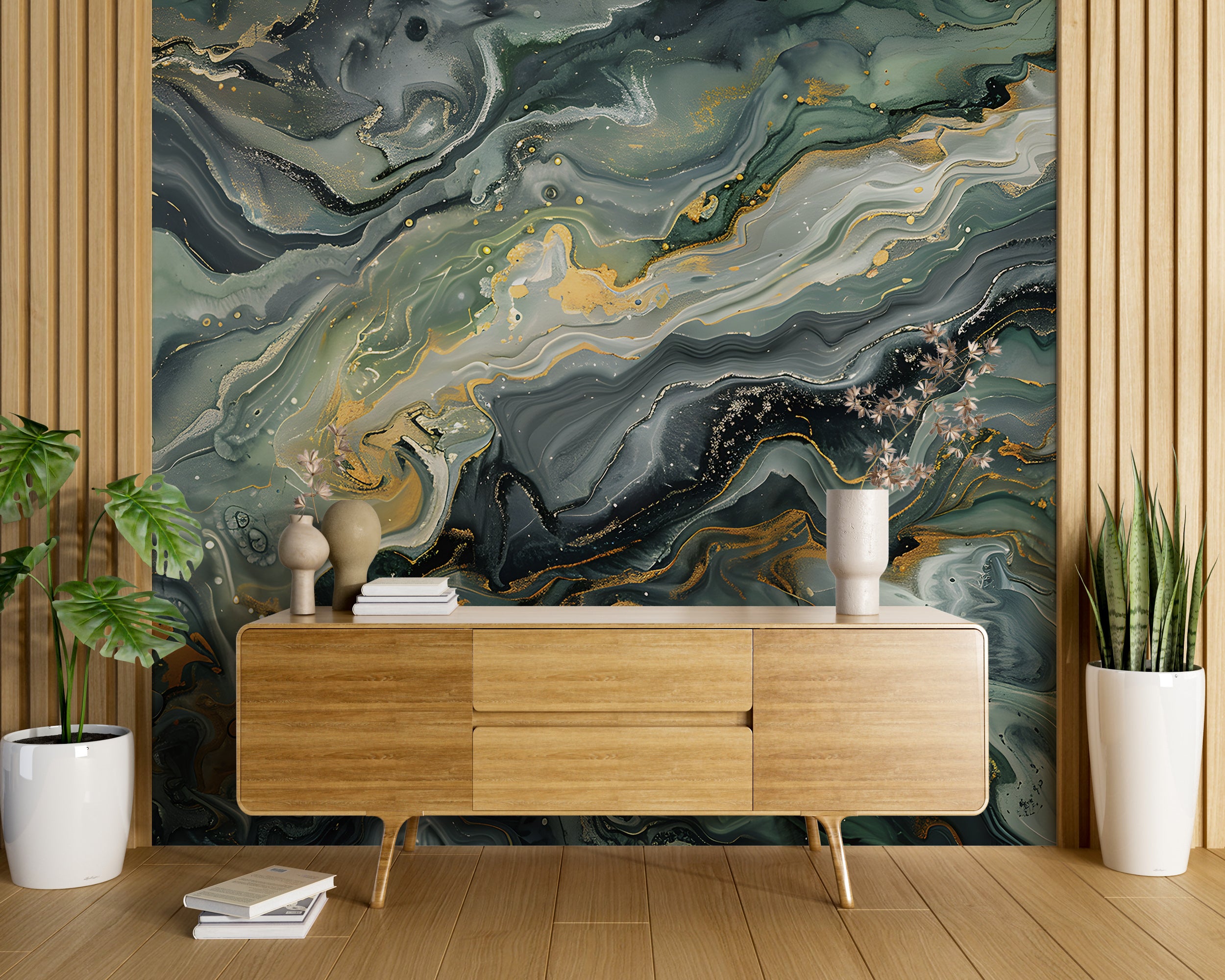 Deep Green Marble Mural, Alcohol Ink Abstract Wallpaper, Peel and Stick Dark Green Stone Texture Art, Removable Marble Sticker Decor