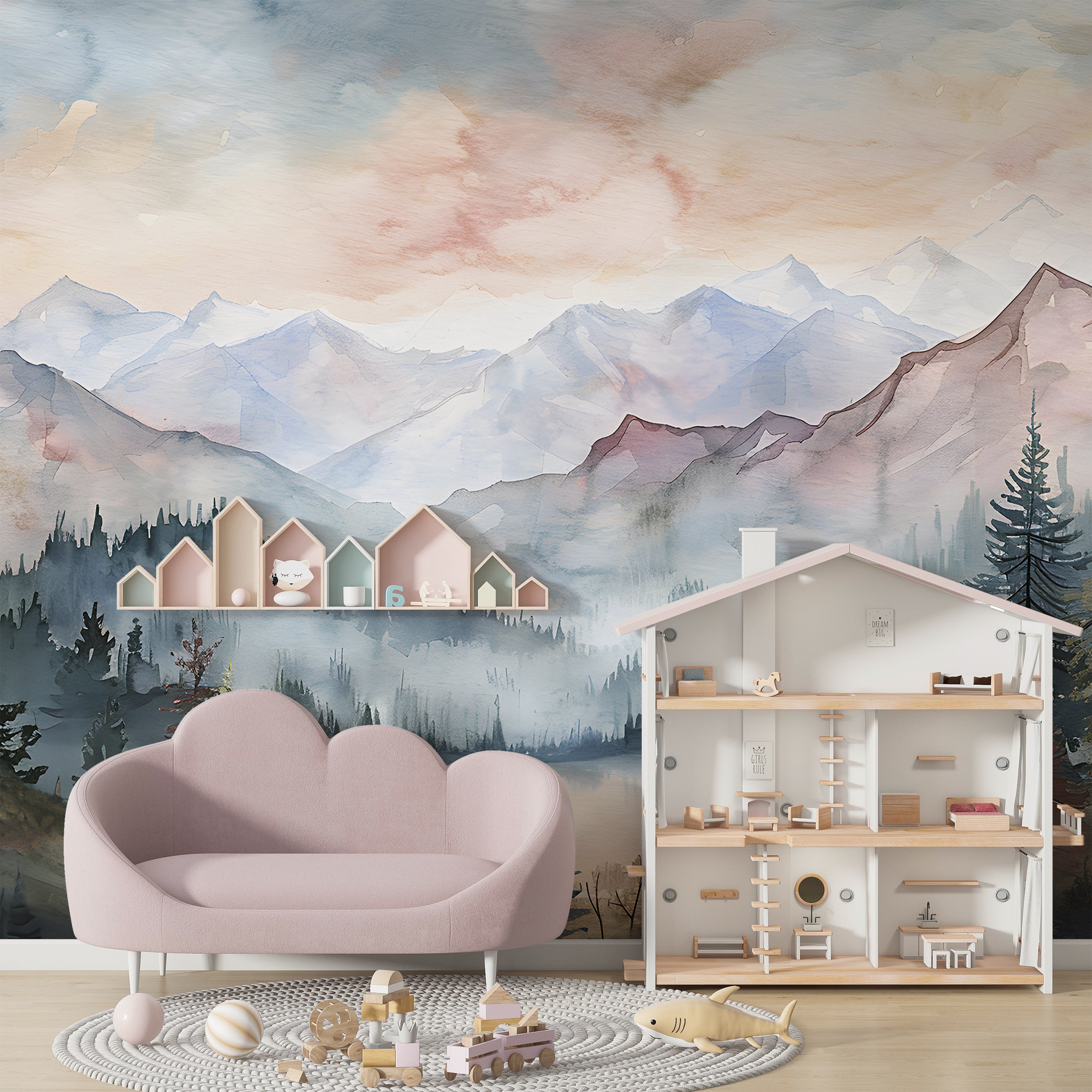 Watercolor Wild Nature Landscape Mural, Mountains and Forest Wallpaper, Peel and Stick Mountain Valley Decal, Colorful Nursery Landscape Wall Art