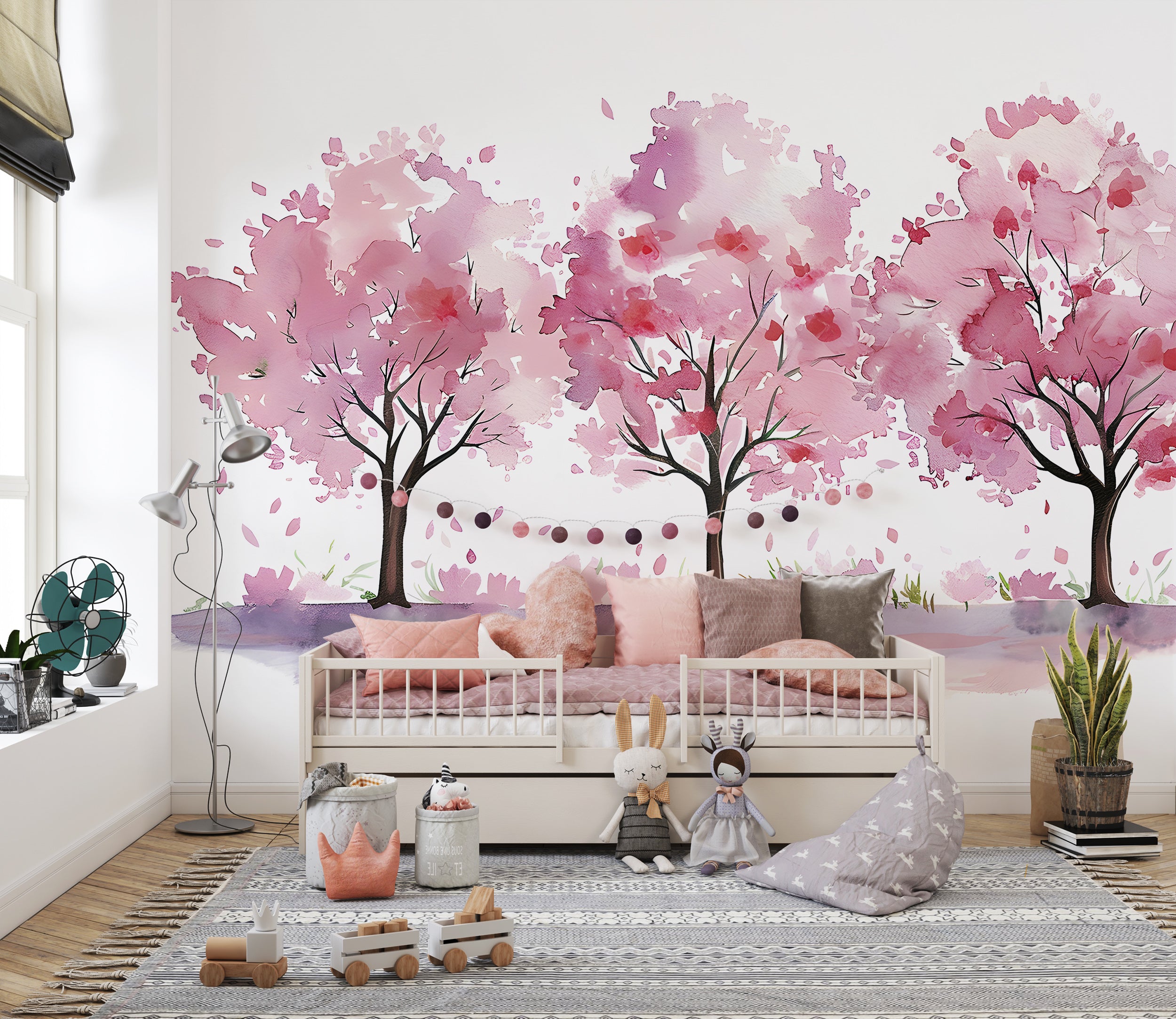 Nursery Pink Trees Mural, Watercolor Three Trees Wallpaper, Peel and Stick Custom Size Removable Kids Wall Decal, PVC-free