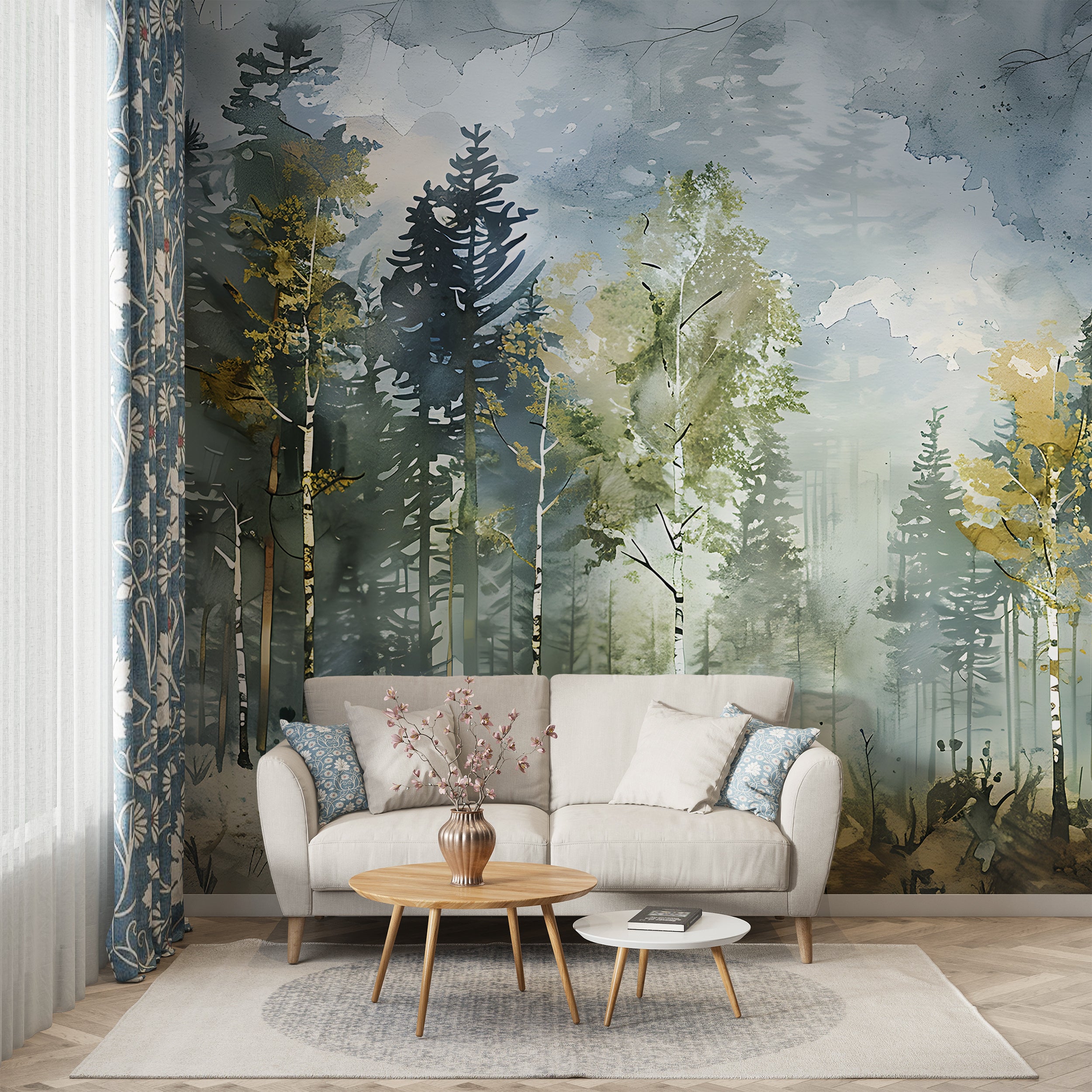 Birch Forest Wallpaper, Watercolor Woodland Mural, Pastel Colors Trees Wall Art, Peel and Stick Birches Decal, Removable Wild Nature Wallpaper