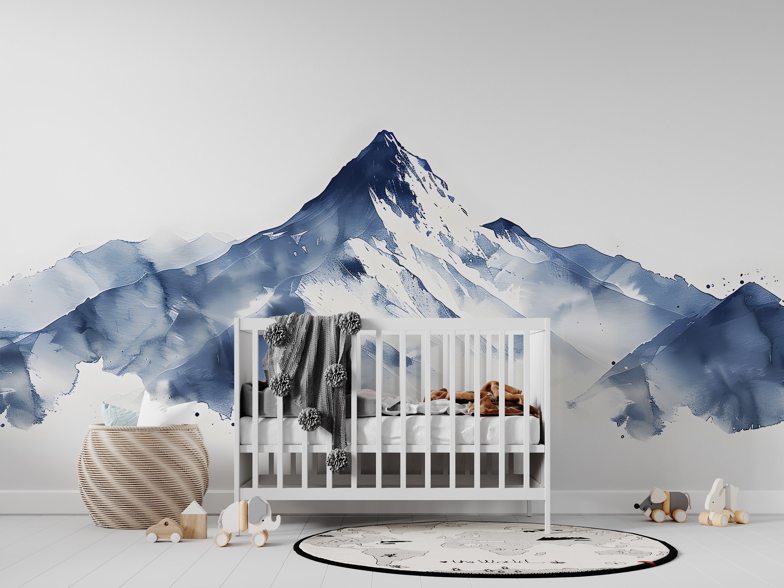Minimalistic Blue Mountain Mural, Watercolor Snowy Mountains Wallpaper, Cartoon Style Peel and Stick Mountain, Removable Blue and White Landscape