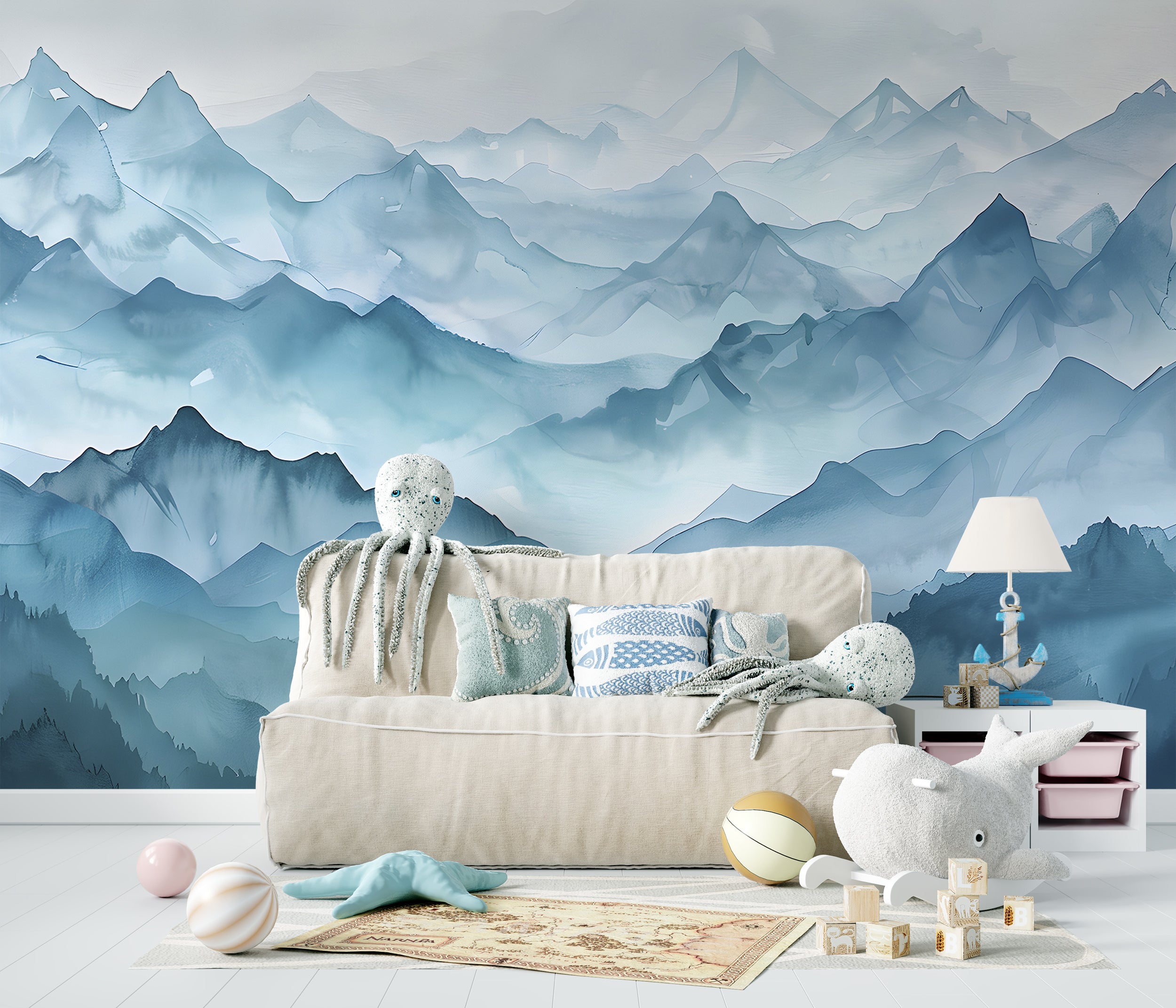 Abstract Blue Mountains Mural, Peel and Stick Foggy Mountain Wallpaper, Watercolor Misty Landscape Art, Nursery Blue Nature Decal