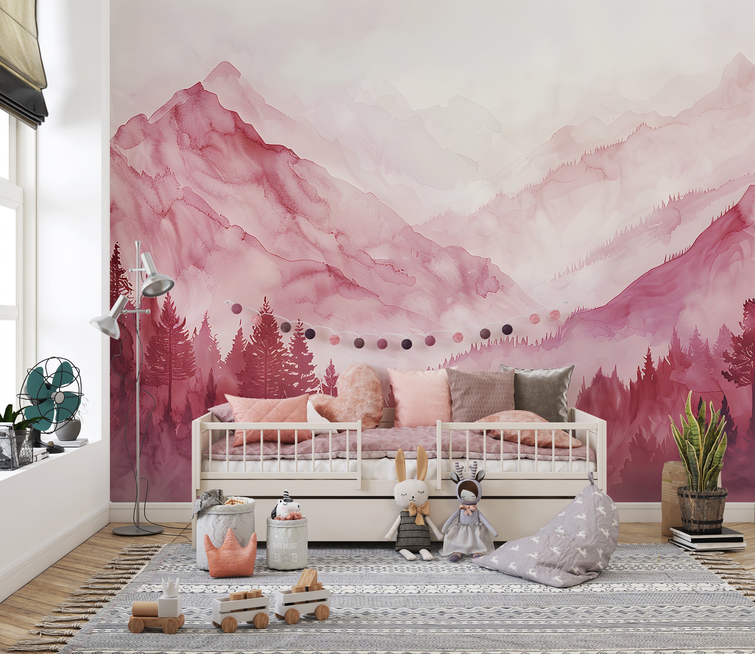 Pink Nursery Landscape Wallpaper, Watercolor Mountain View Mural, Peel and Abstract Stick Forests and Mountains Wall Mural, Soft Pink Nature Art