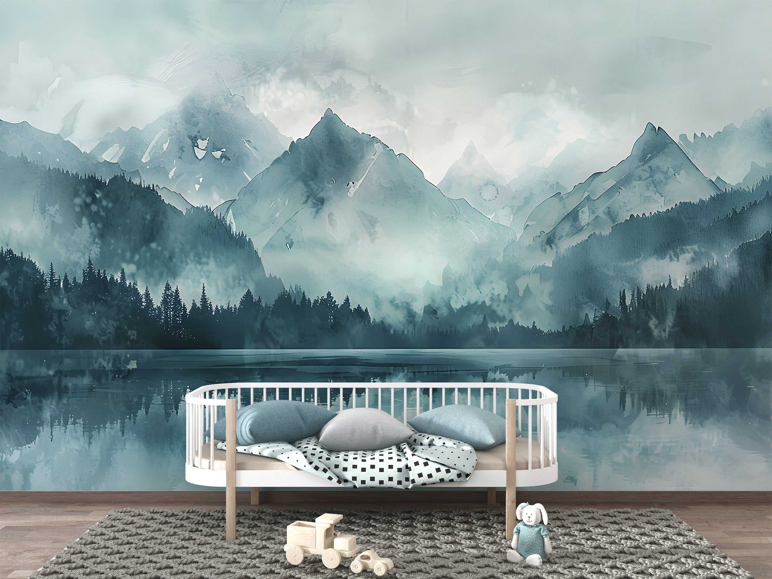 Mountain Lake in Mint Colors Mural, Watercolor Forest and Mountains Wallpaper, Peel and Stick Green Lake Landscape Art, Abstract Nature Decor