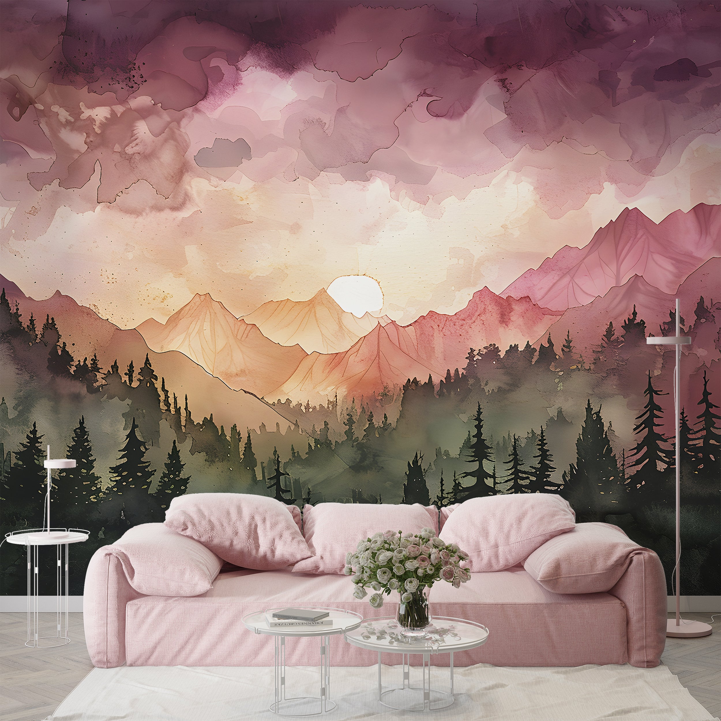 Pink and Orange Mountain Sunset Mural, Watercolor Mountains and Forest Landscape Wallpaper, Colorful Nursery Nature Wall Art