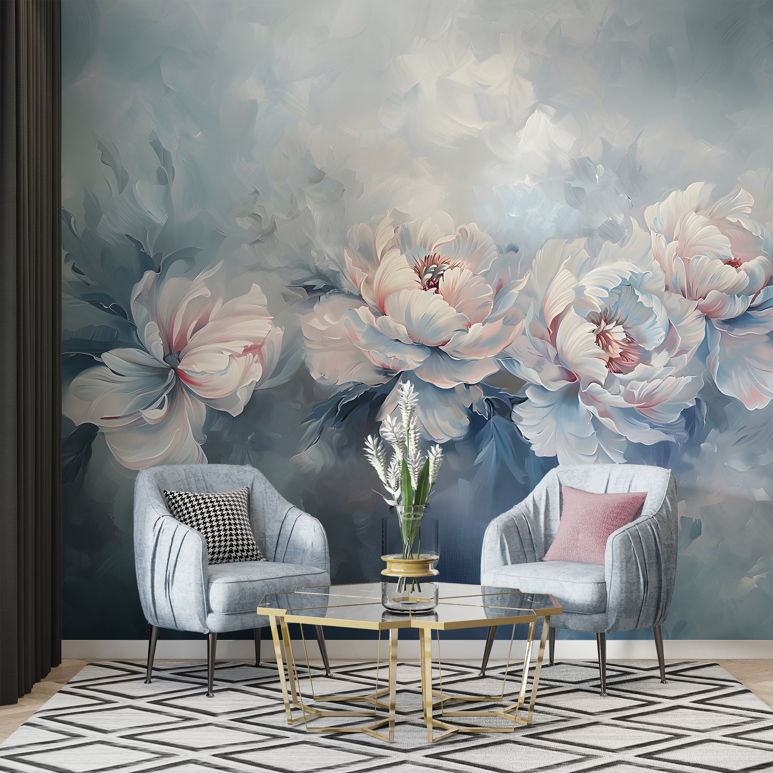 Abstract Floral Blue Mural, Watercolor Peonies Wallpaper, Peel and Stick Botanical Art, Blue Peony Abstract Wall Decal, Removable Flowers PVC free