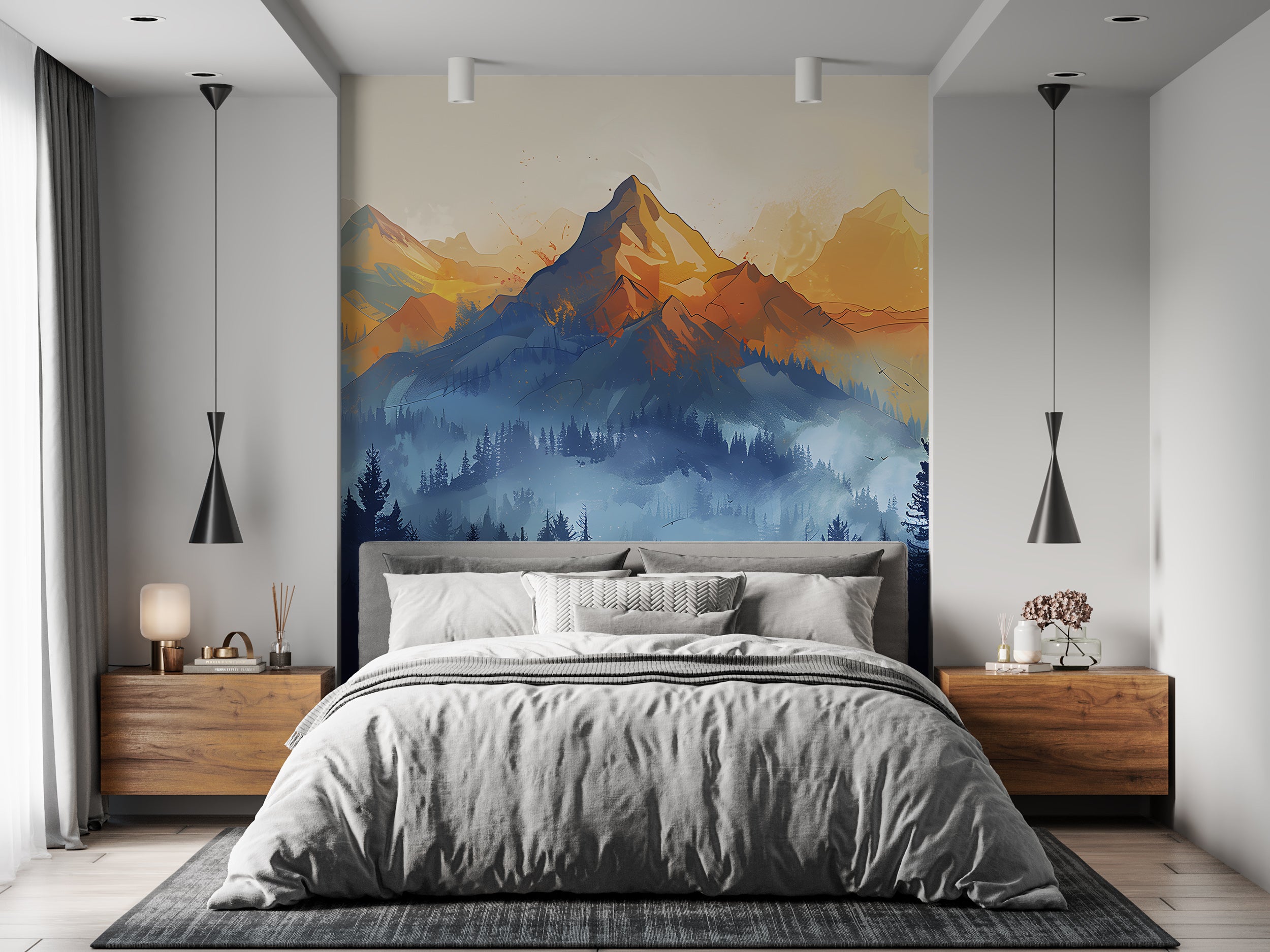 Orange and Blue Watercolor Mural, Peel and Stick Mountain View Wallpaper, Removable Mountains and Forest Landscape, Mountain Sunset Art