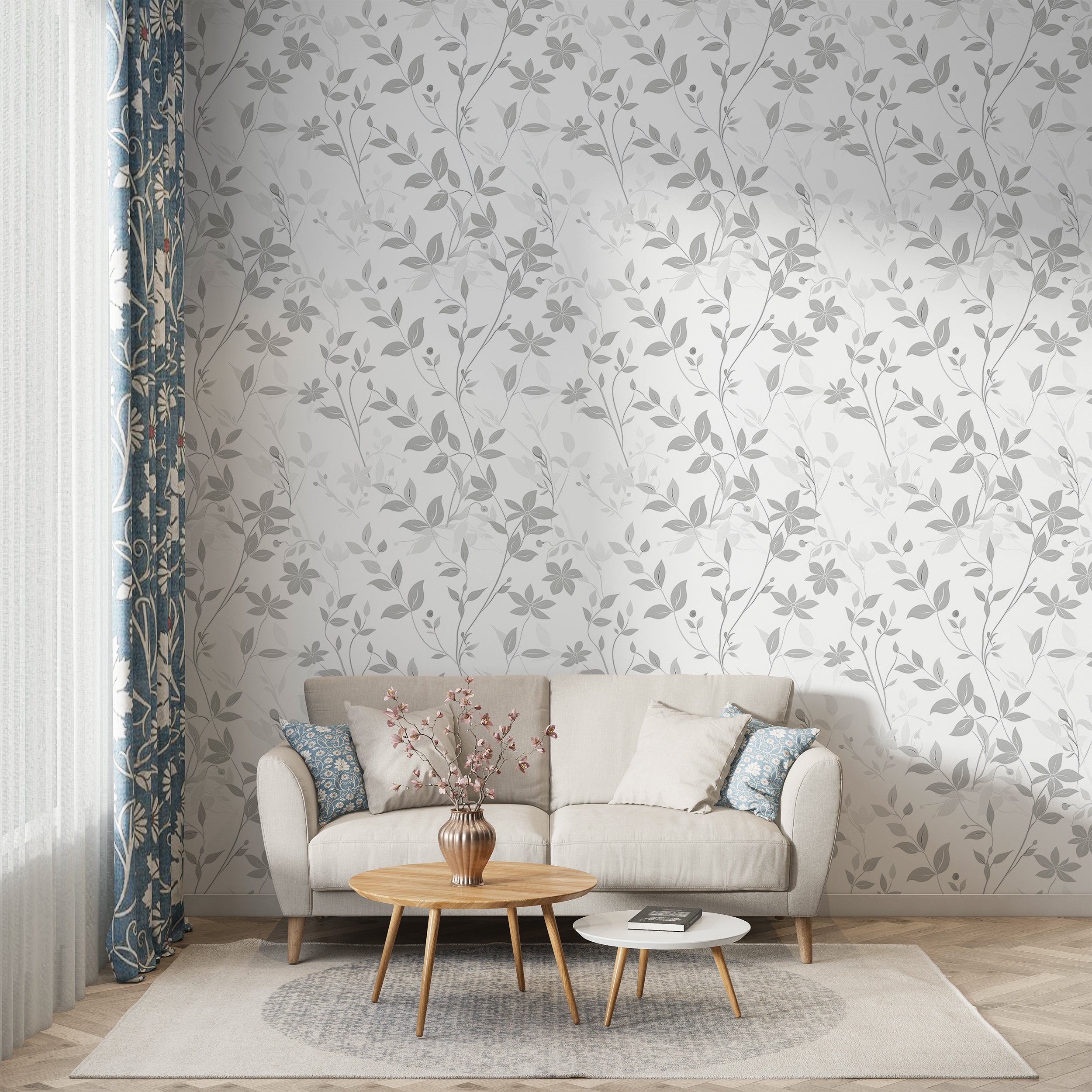 Grey and White Floral Wallpaper, Removable Light Botanical Leaves, Peel and Stick Delicate Tree Flowers Decal, Soft Shades of Grey Floral Pattern