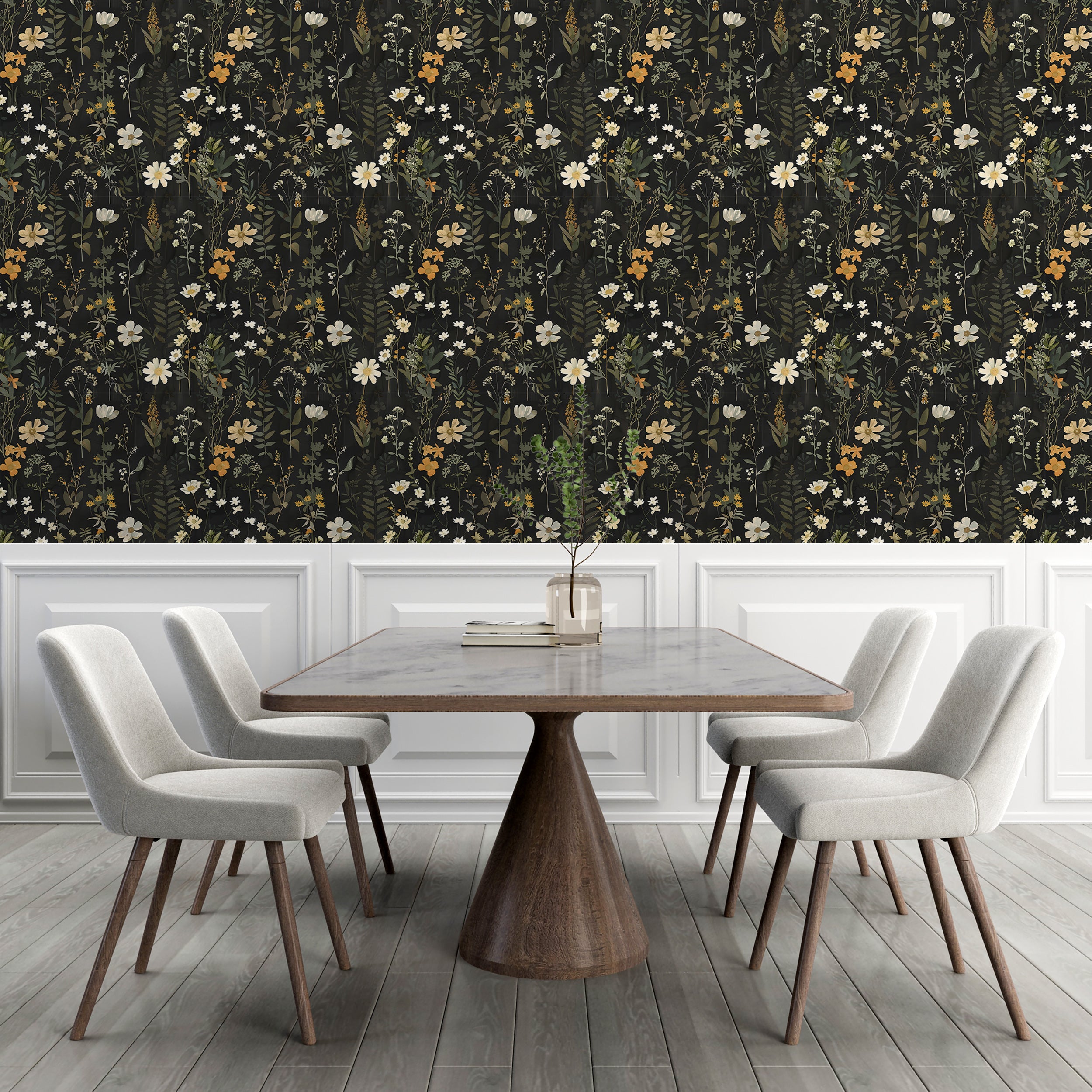 Meadow Flowers Dark Wallpaper, Fern Wall Decor, Peel and Stick Botanical, Dark Floral Decal, Removable Flower and Leaves on Black Background