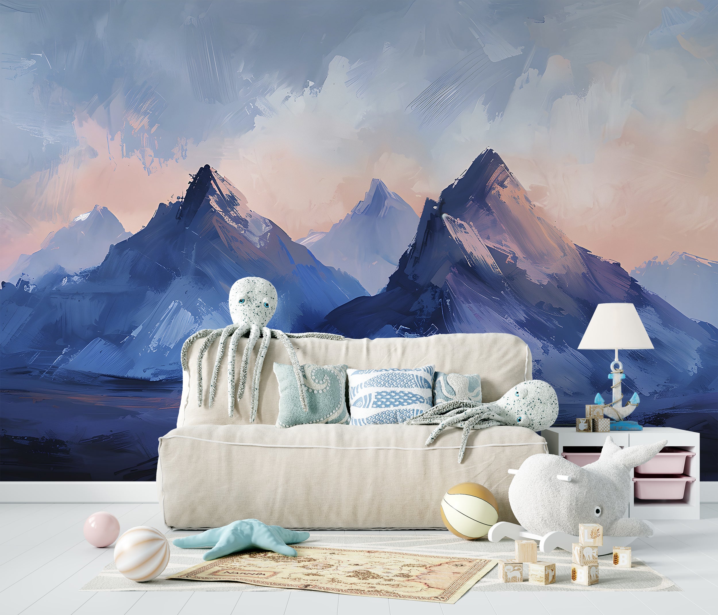Oil Brushed Style Mountains Mural, Peel and Stick Blue Mountain, Watercolor Abstract Landscape, Nursery Deep Blue Wall Art, PVC free Decal