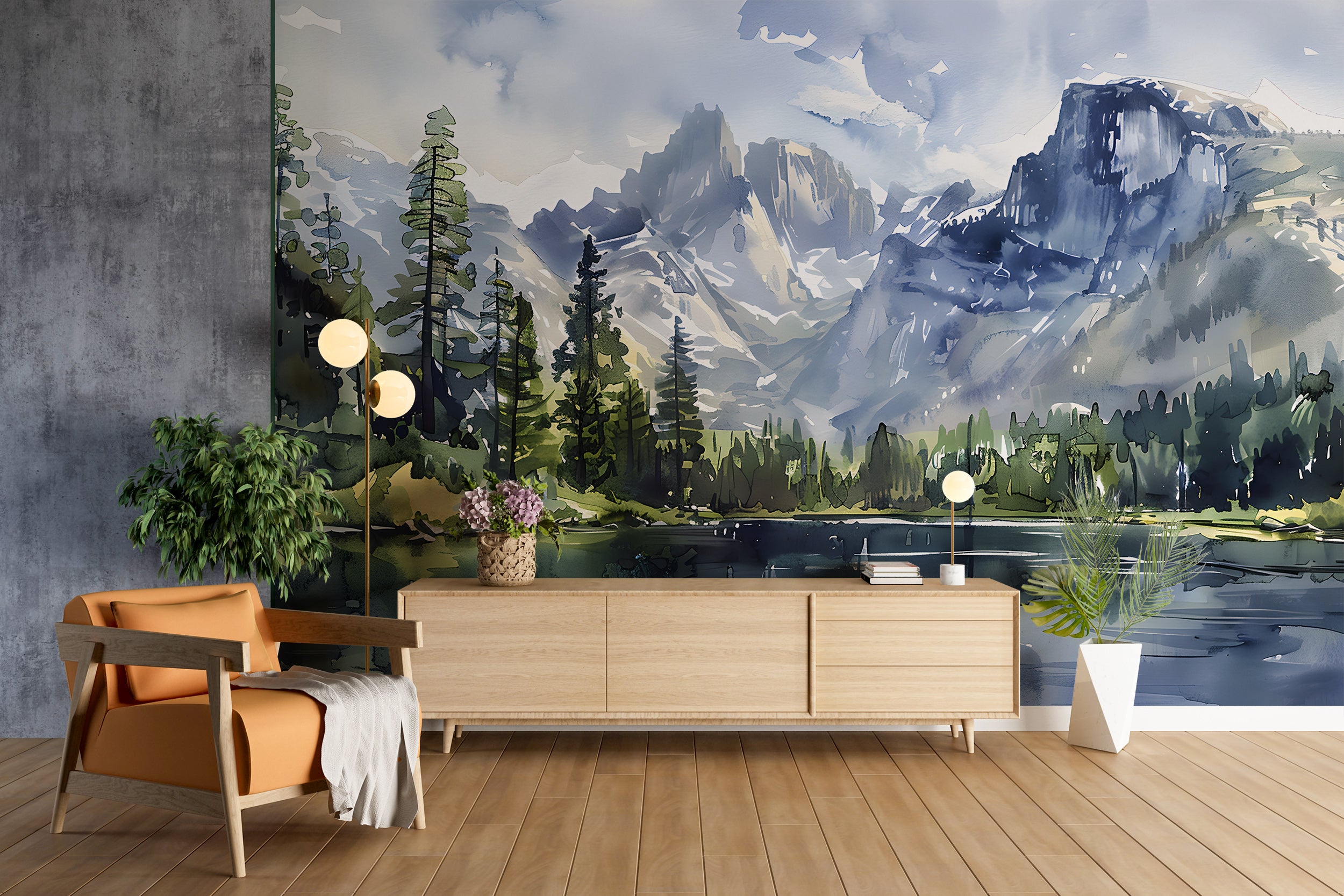 Watercolor Mountain Lake Mural, National park Landscape, Peel and Stick Mountains and Forest Wallpaper, Wild Nature Wall Art