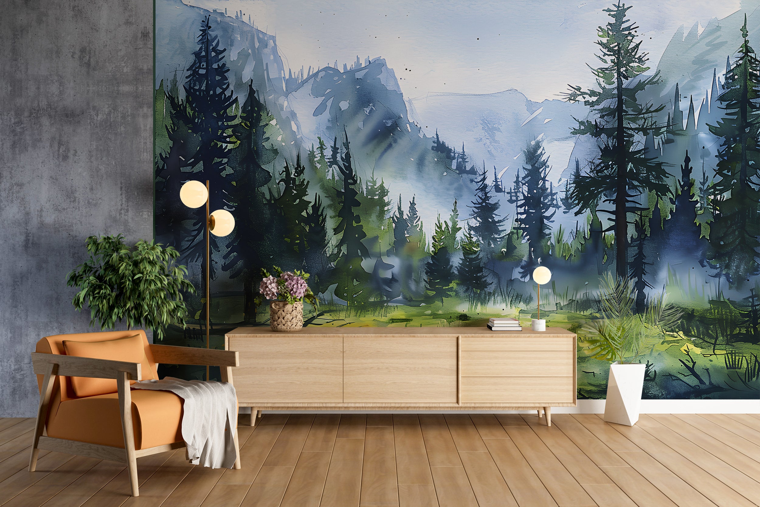 Watercolor Nature Wall Mural, Peel and Stick Mountain Landscape Art, Wild Forest Wallpaper, Removable Custom Size National Park Decal