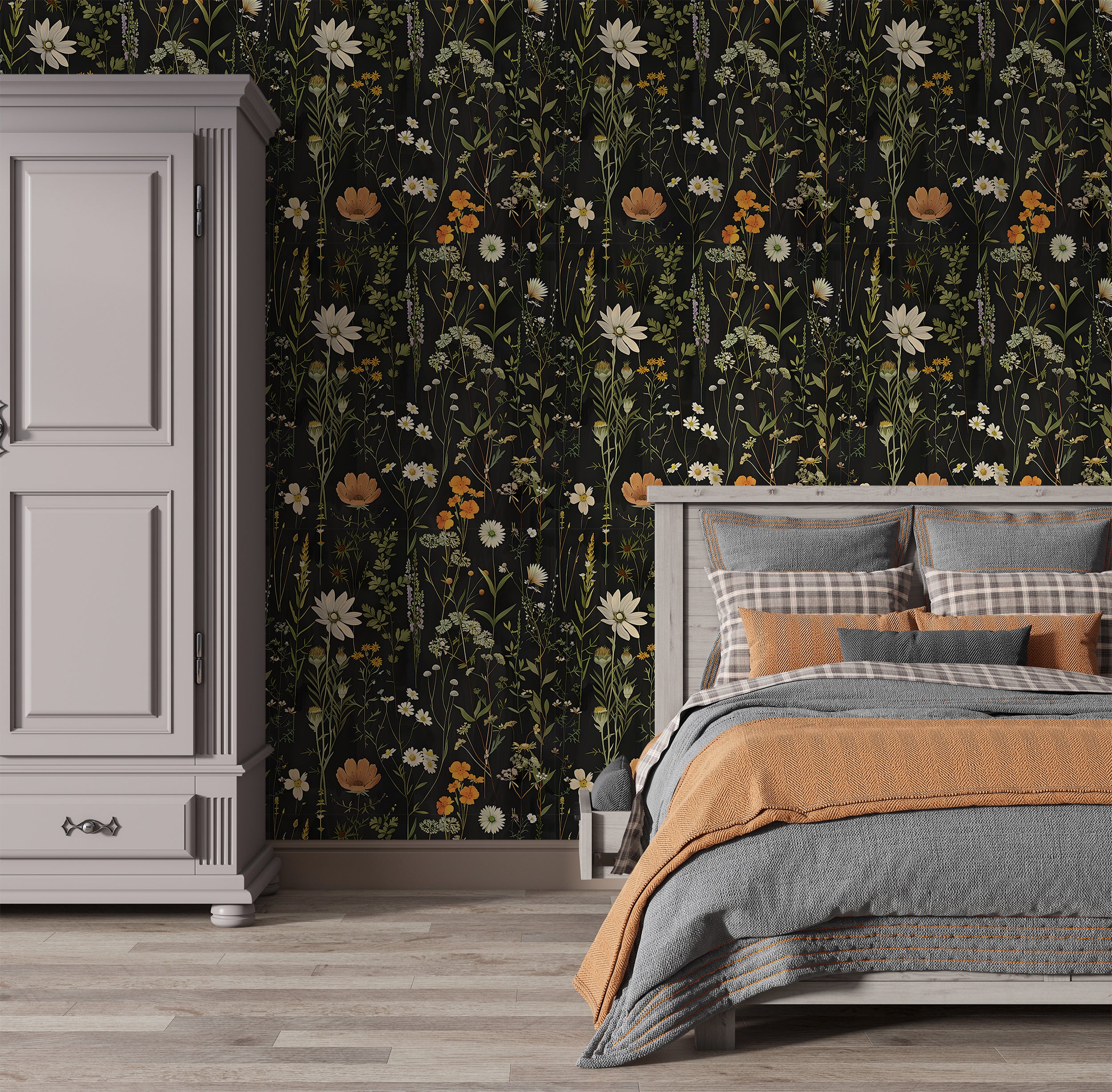 Meadow Flowers Wallpaper, Dark Botanical Decal, Peel and Stick Dark Floral, Vintage Flower Wallpaper, Removable Wild Flowers Black Background