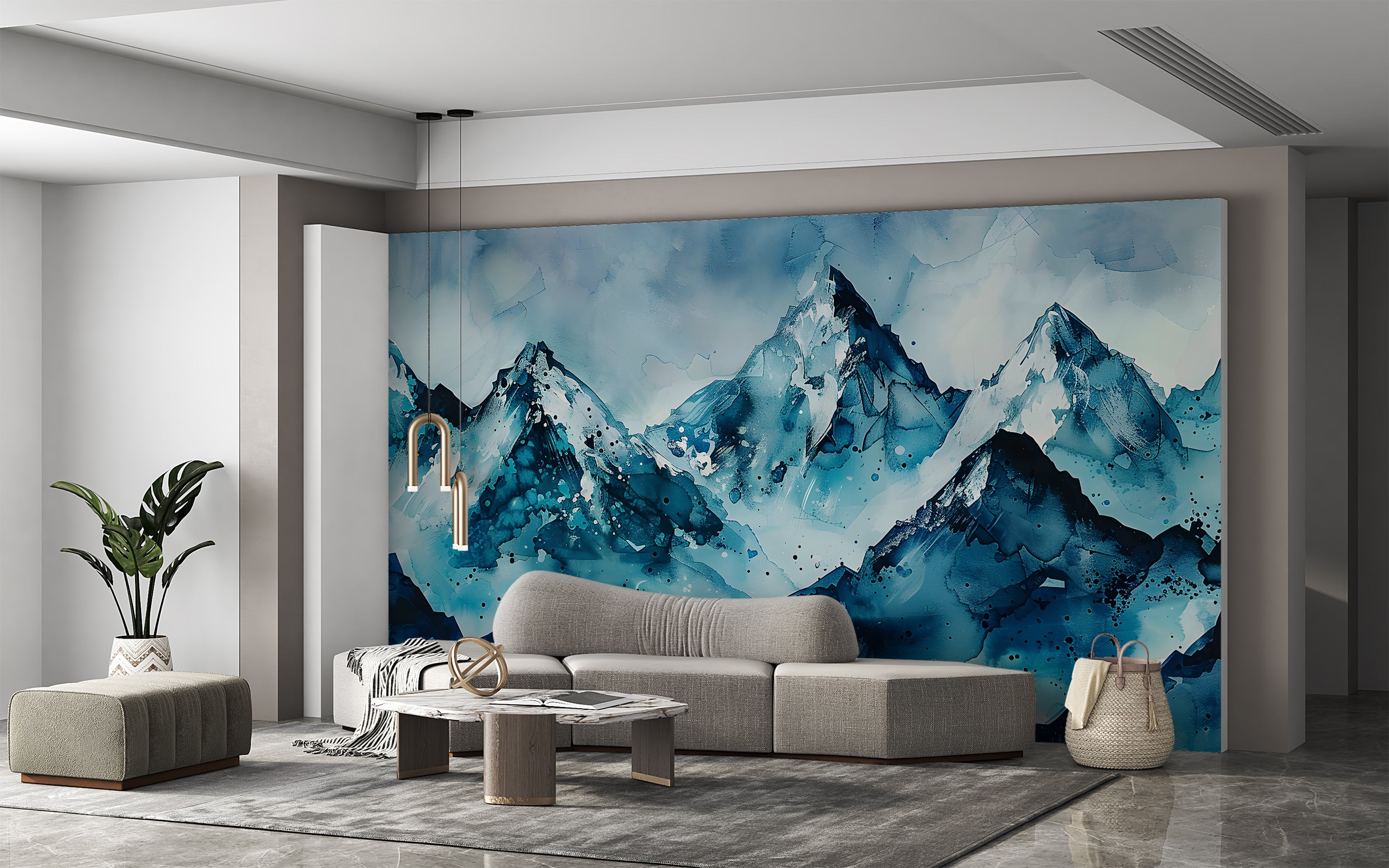 Snowy Mountains Mural, Abstract Blue Mountains Wall Art, Peel and Stick Cold Blue Wallpaper, Watercolor Removable Iced Landscape Decal