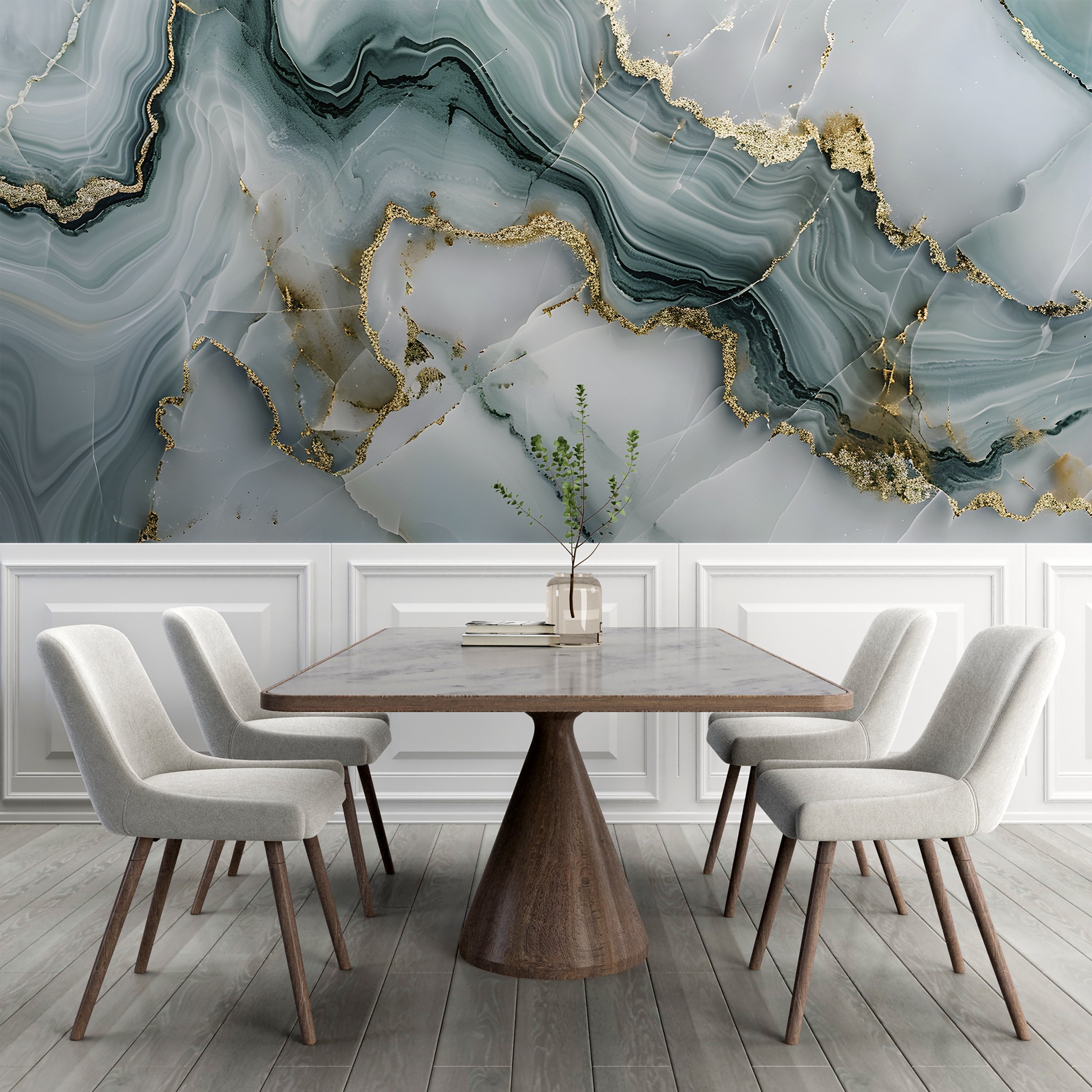 Mint Grey and Gold Alcohol Ink Mural, Peel and Stick Marble Texture Wallpaper, Abstract Green and Grey Stone Wall Decor, Removable Unique Art