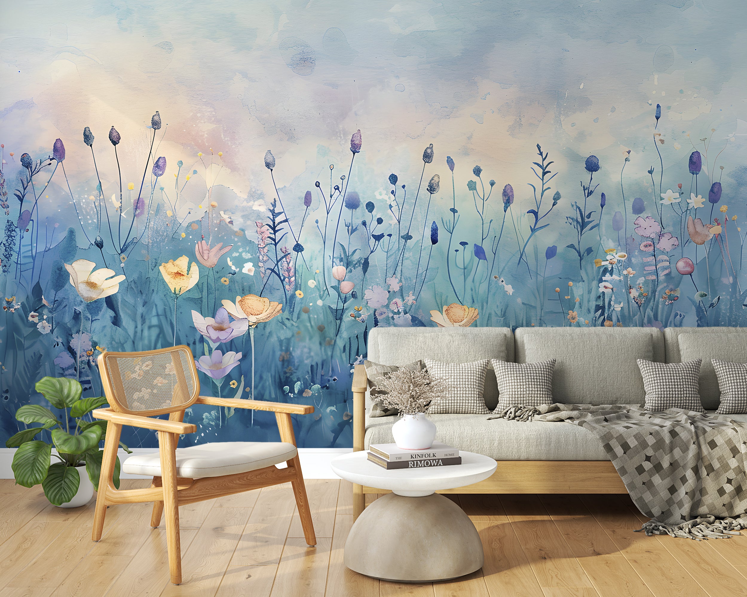 Blue Meadow Flowers Mural, Watercolor Flower Field Wallpaper, Pastel Colors Peel and Stick Floral Wall Mural, Removable Botanical Art, PVC-free