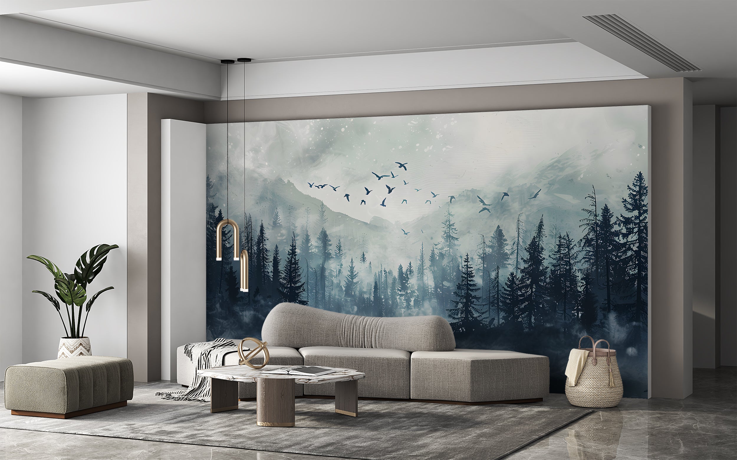 Dark Forest Wall Mural, Peel and Stick Black and Grey Pine Trees Mountain and Birds, Watercolor Foggy Nature Decor, Misty Forest Wallpaper