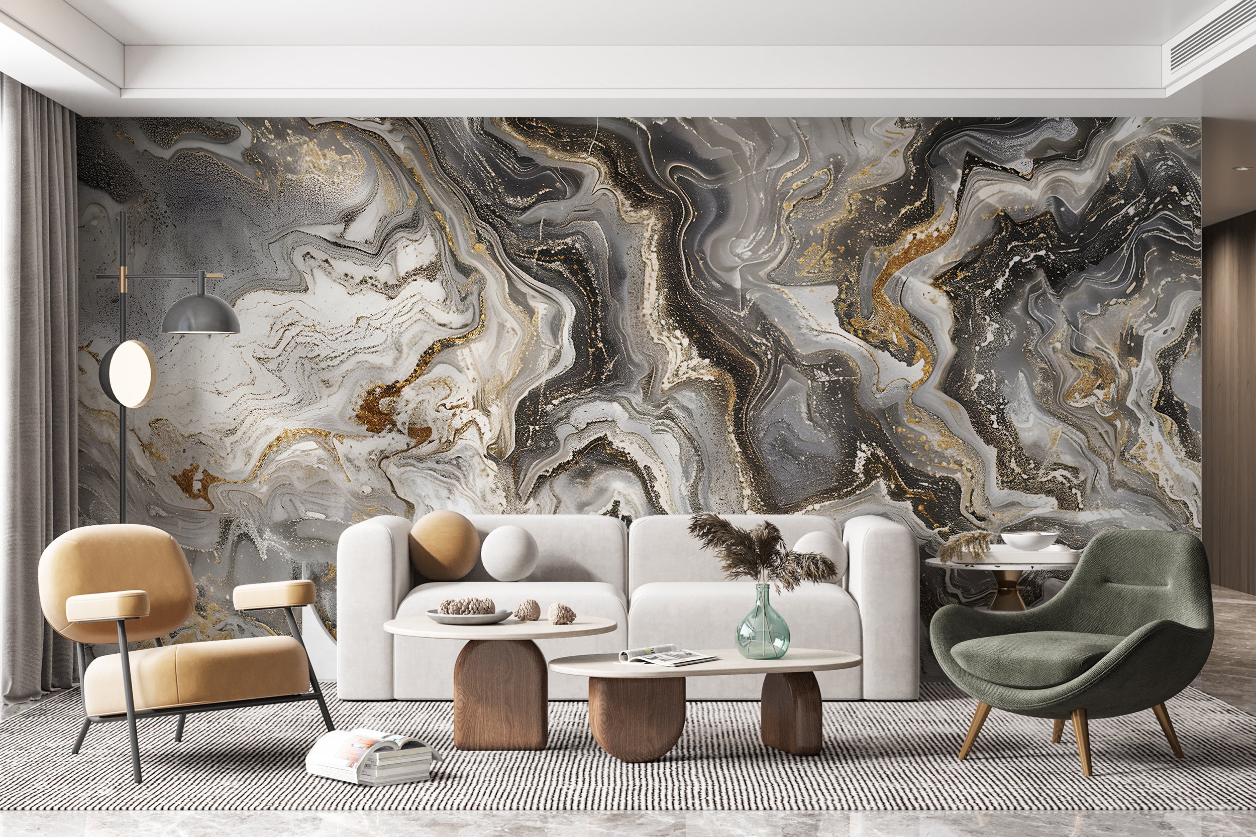 Grey Brown and Gold Alcohol Ink Wallpaper, Peel and Stick Marble Texture Mural, Removable Warm Colors Abstract Wall Art, Unique PVC free Decal