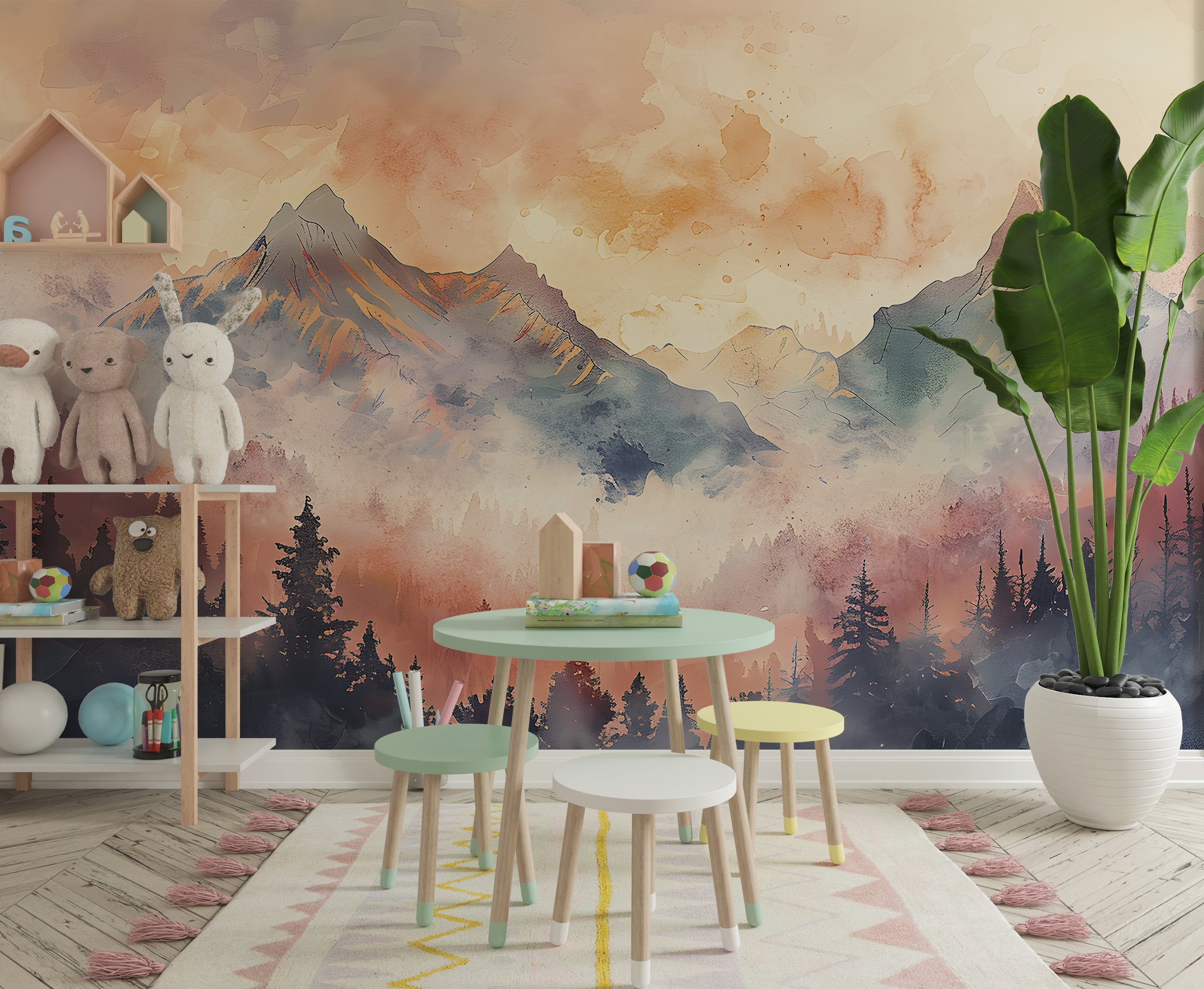 Foggy Colorful Mountains Mural, Watercolor Forest and Mountains Landscape in Pastel Colors, Peel and Stick Orange Misty Mountain Wallpaper